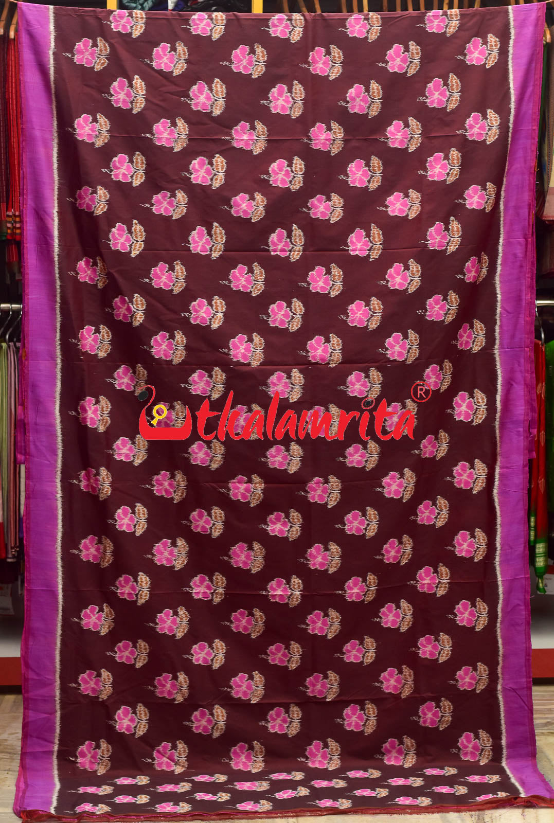 Maroon Pink Hibiscus Khandua Silk Saree