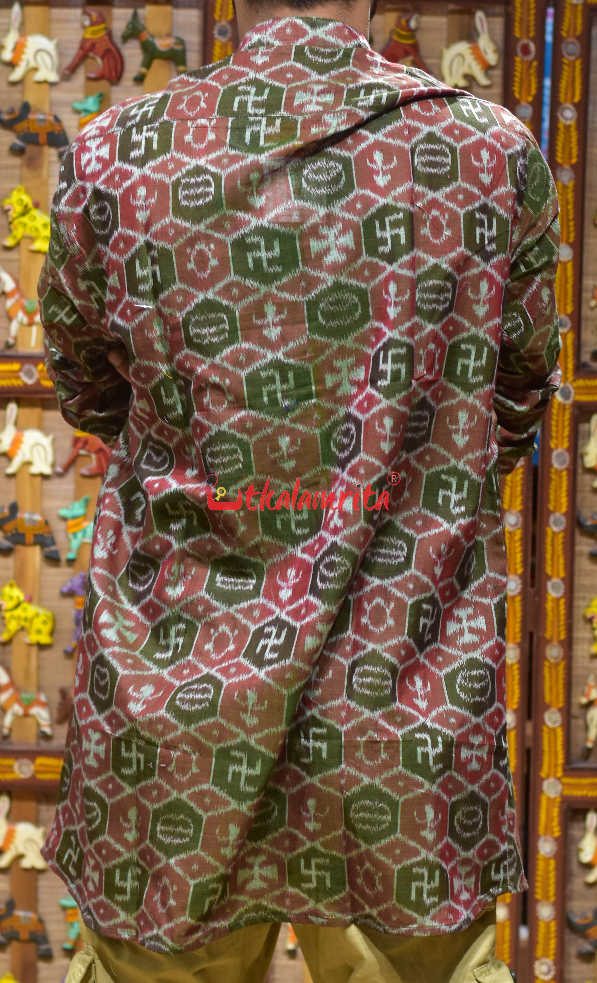 Green Red Swastik (Men's Short Kurta)
