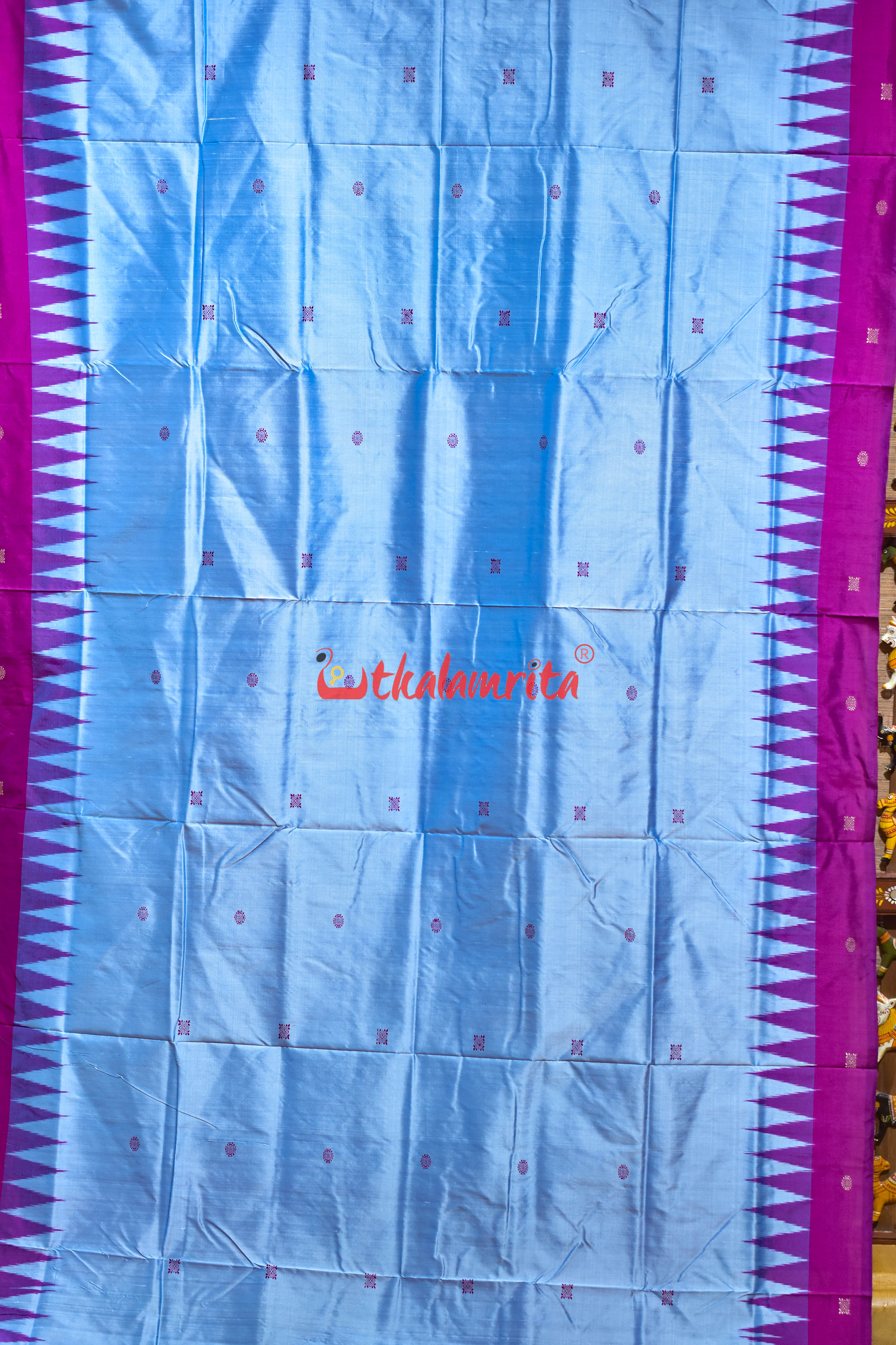 Sky Blue Flower Border Bomkai Silk Saree