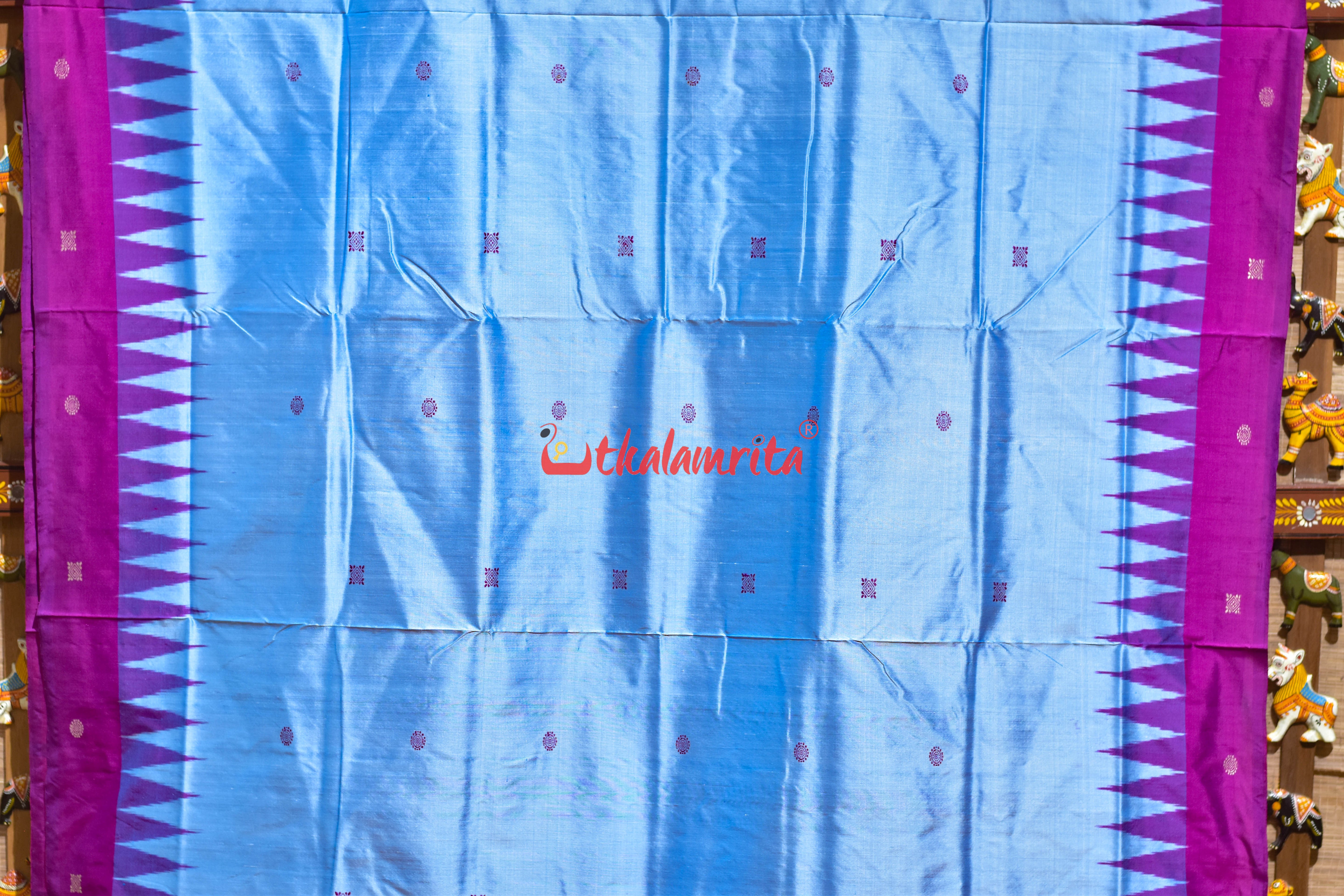 Sky Blue Flower Border Bomkai Silk Saree