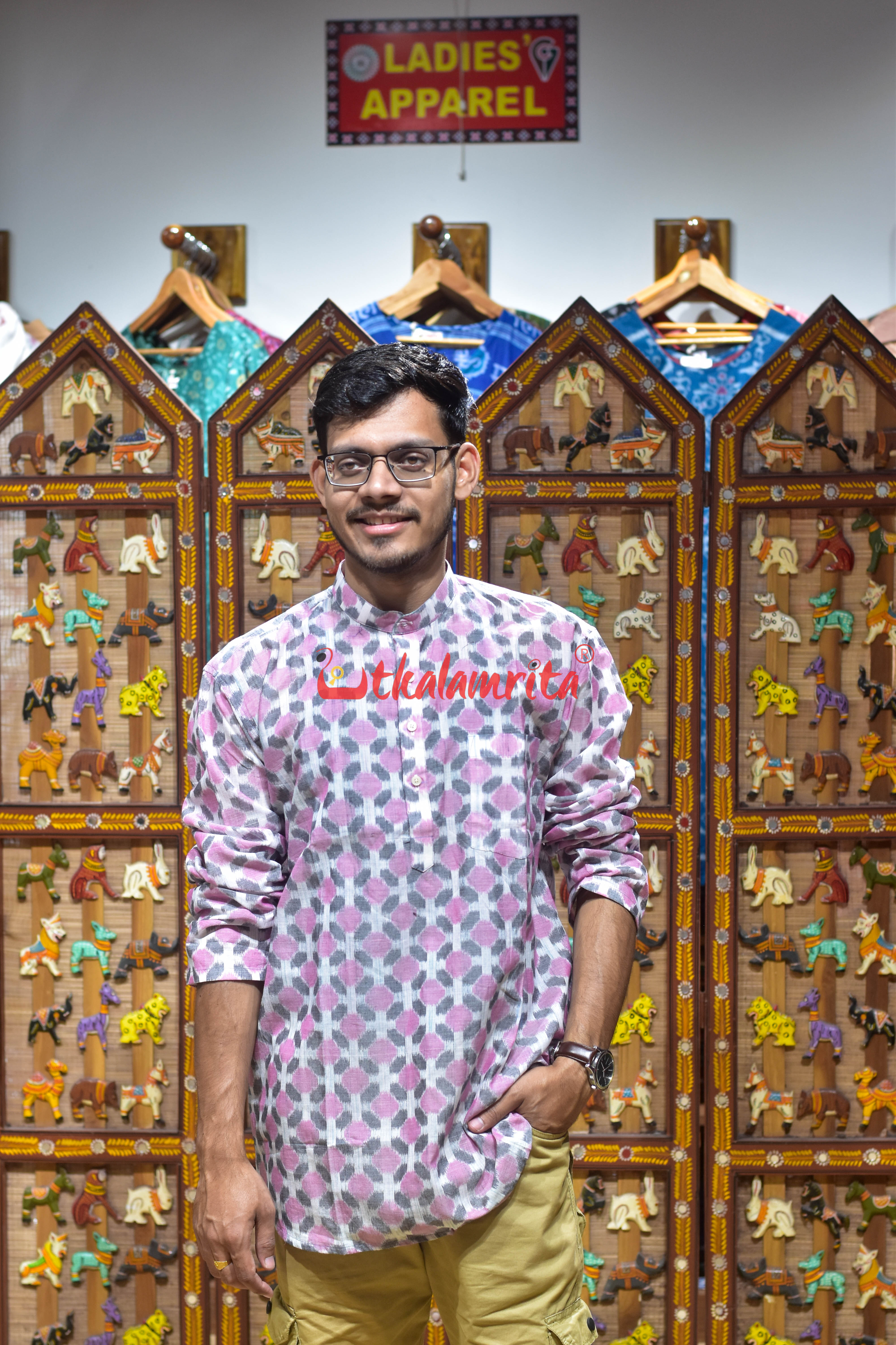 Grey Pink Flowers (Men's Short Kurta)