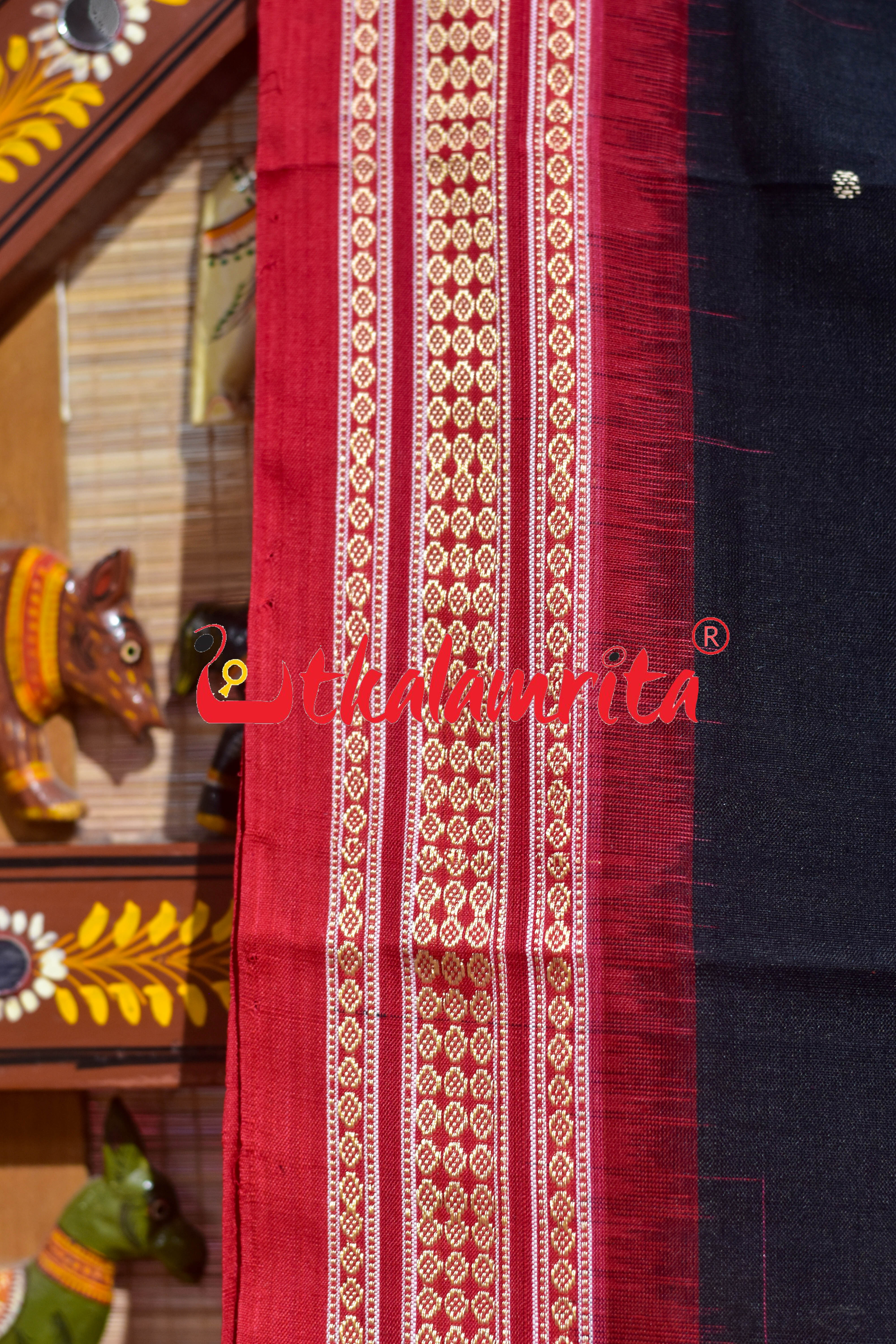 Black Red Buti Bomkai Cotton Saree