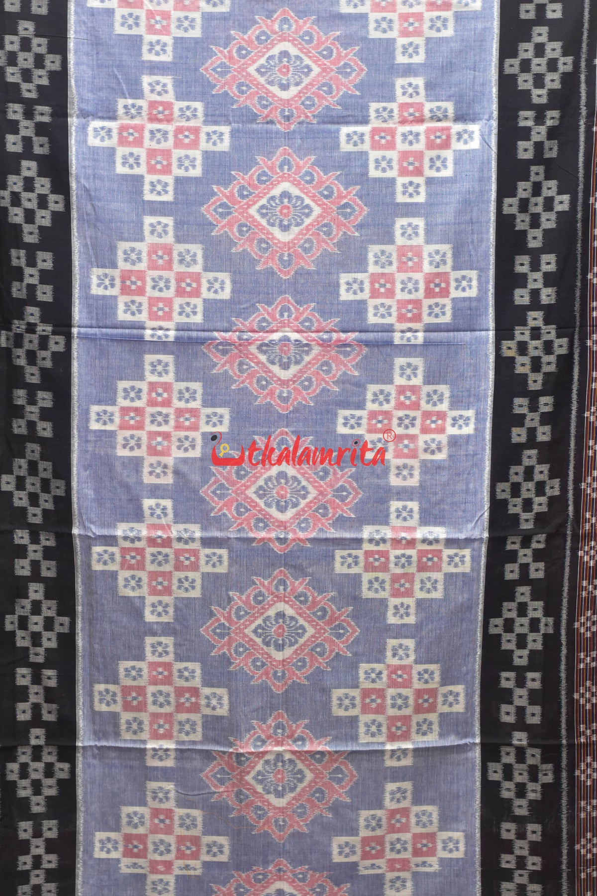 White Base Blue Black with Pasapali Body Khandua Cotton Saree