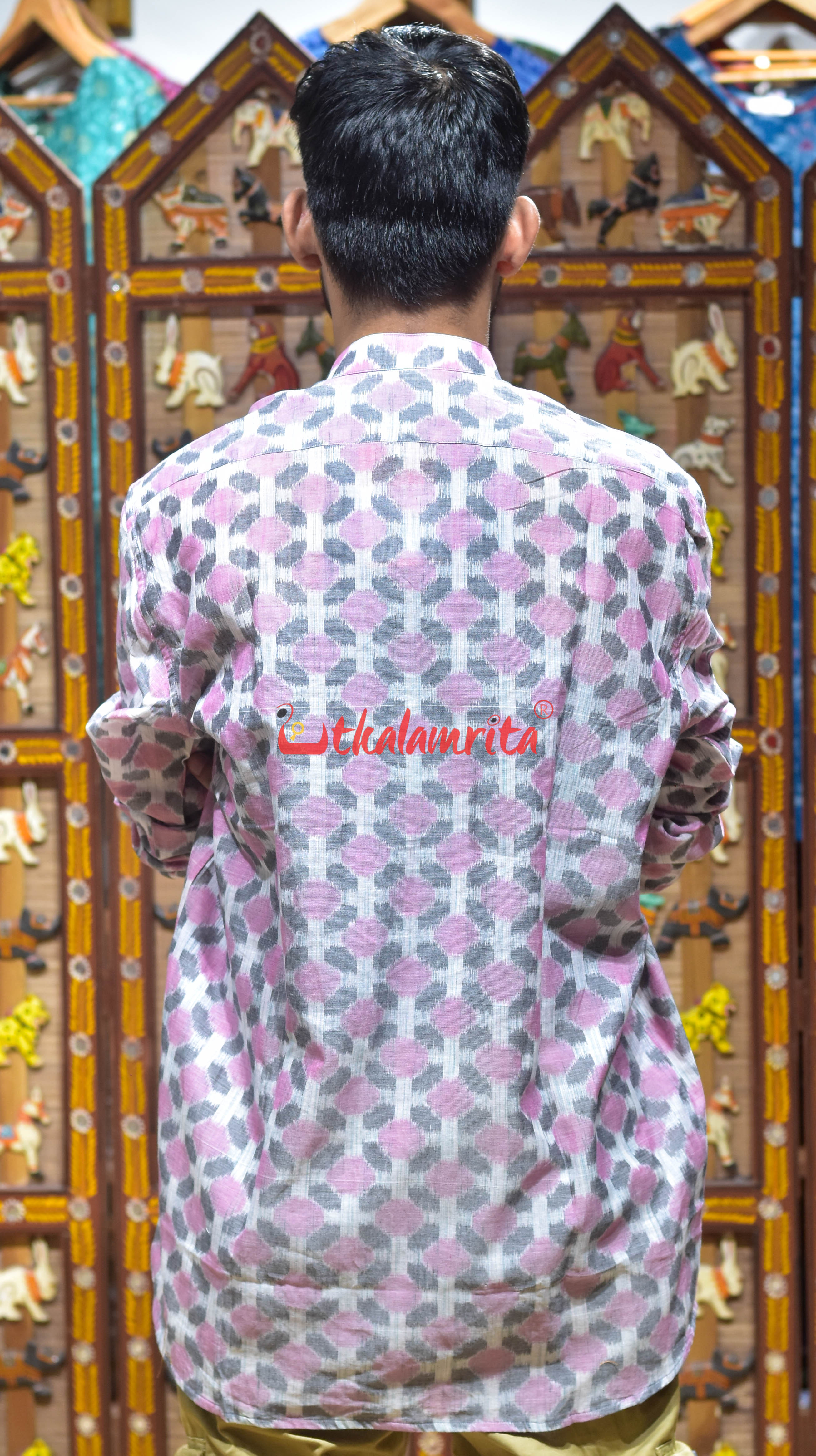 Grey Pink Flowers (Men's Short Kurta)