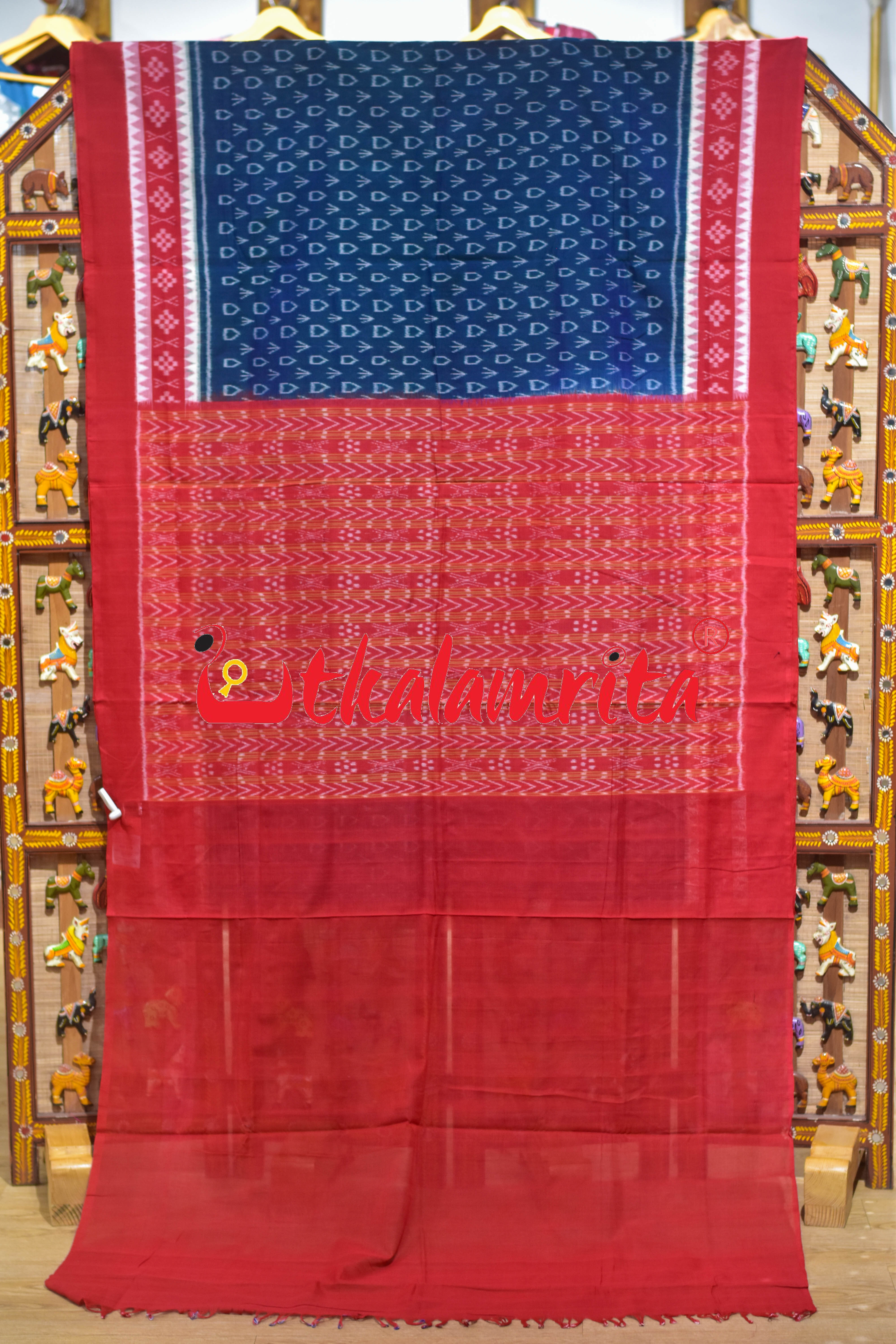 Teal Red Arrow Design Sambalpuri Cotton Saree