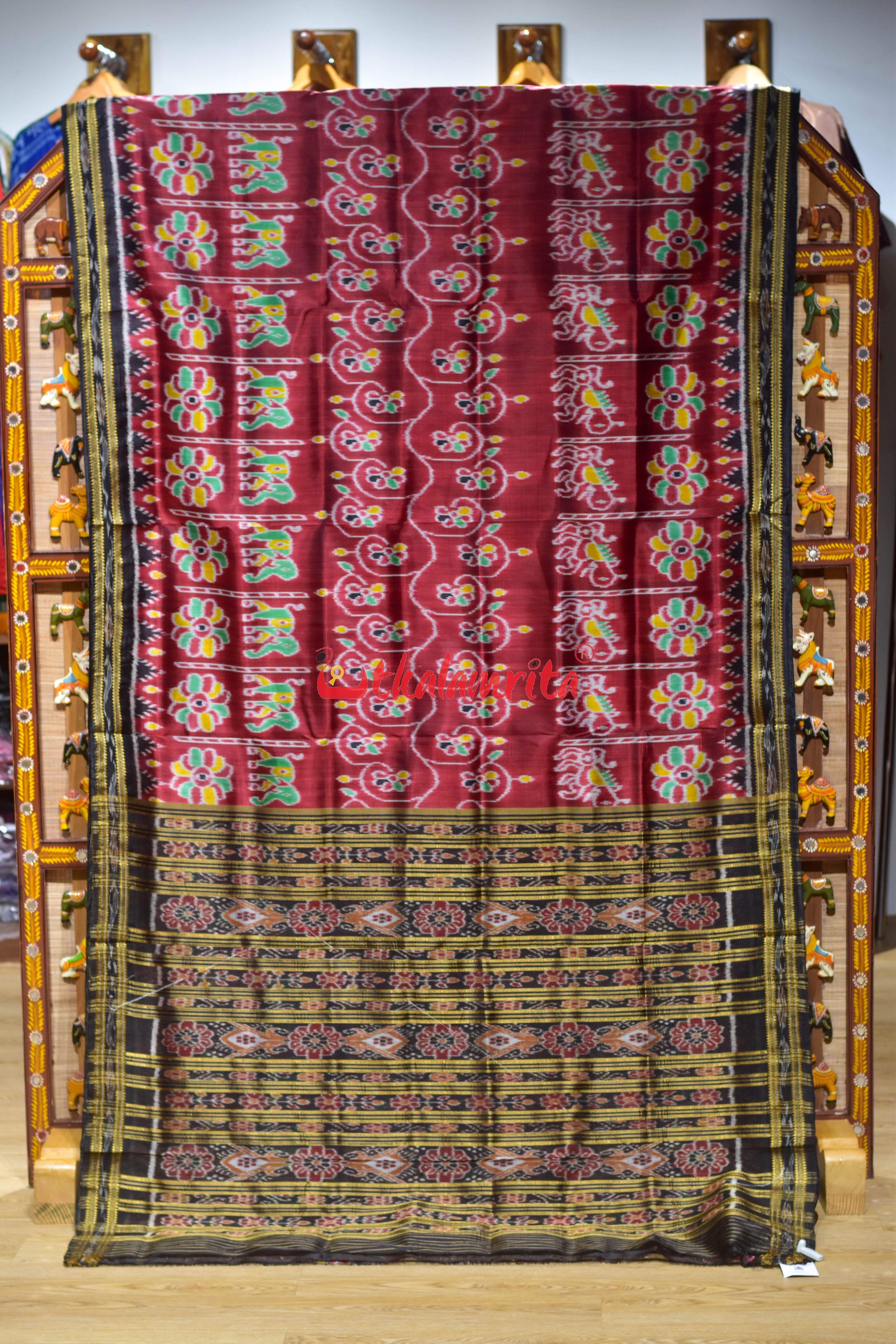 Maroon Elephant Khandua Silk Saree
