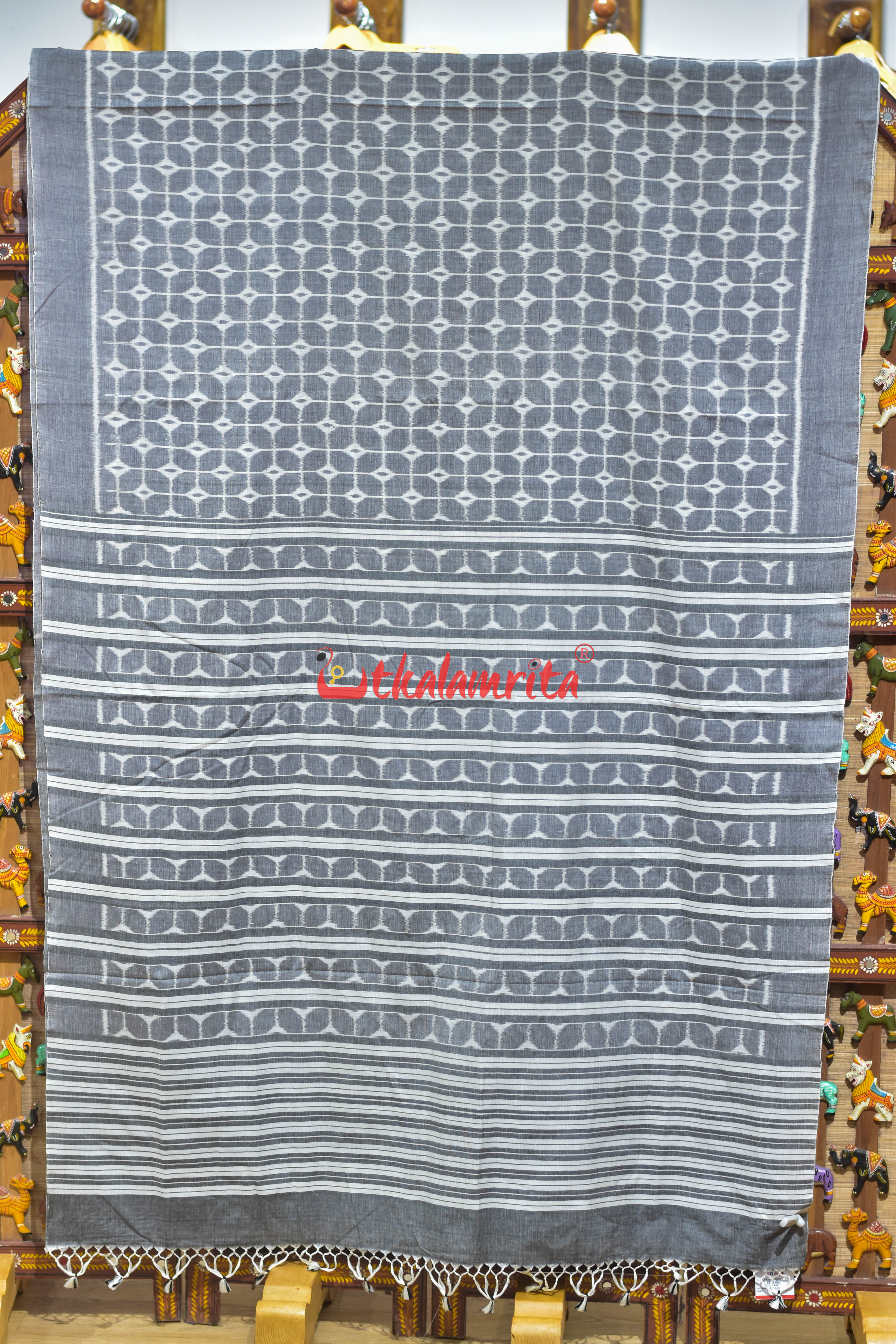 Grey Chessboard Thikiri Khandua Cotton Saree