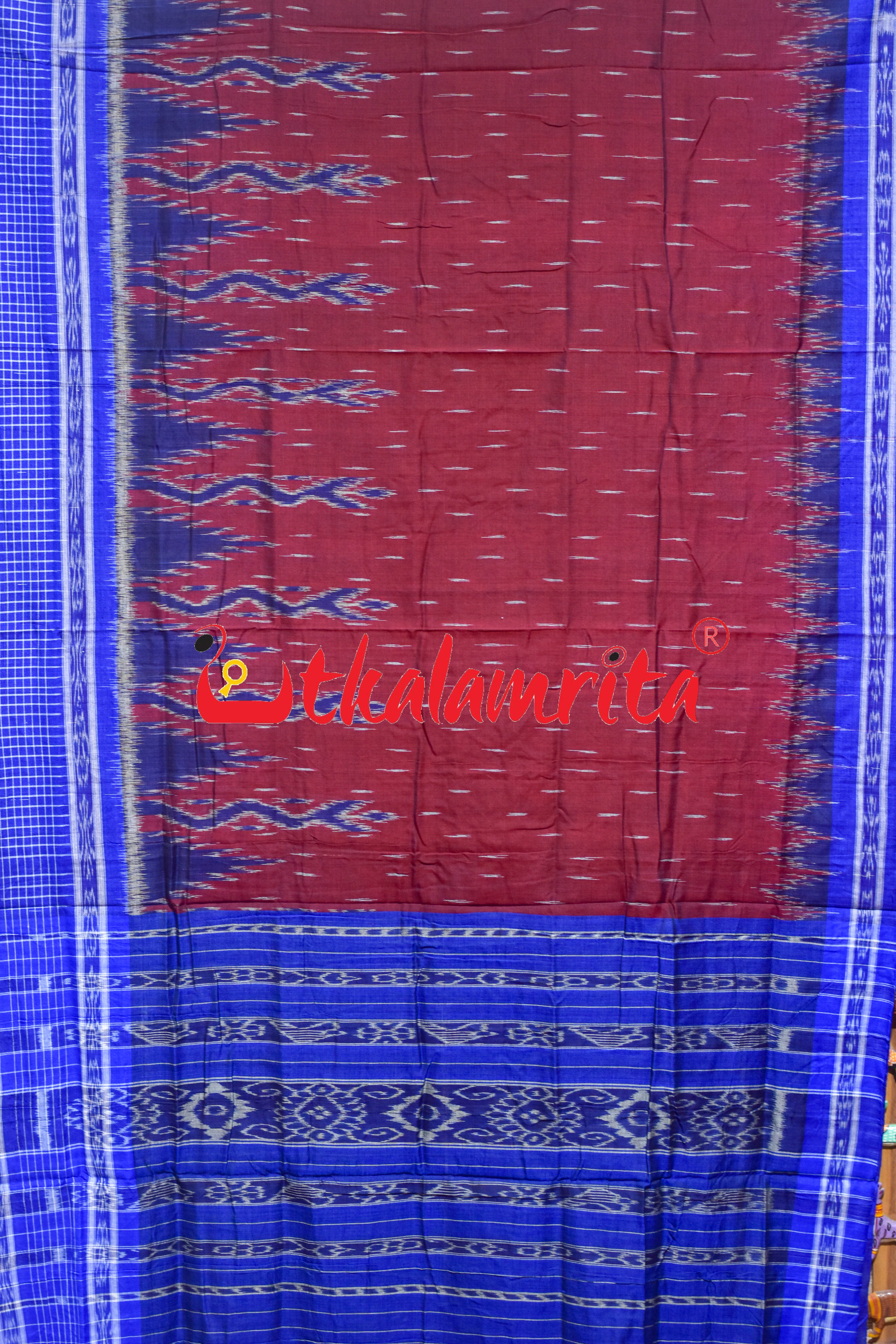 Maroon Blue Check Daali Scot Khandua Cotton Saree