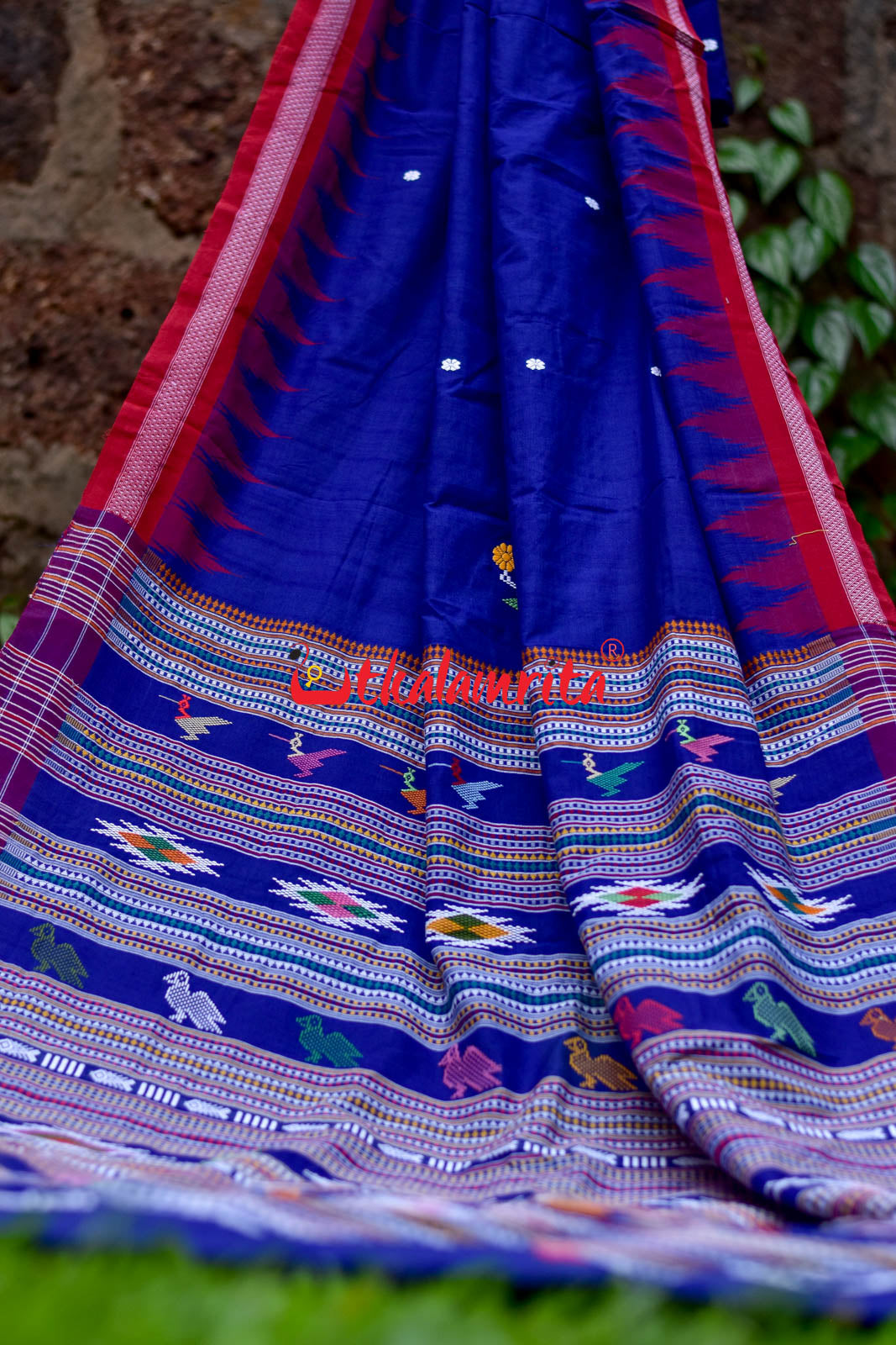 Trypan Blue Parrot Anchal Ganjam Bomkai Cotton Saree