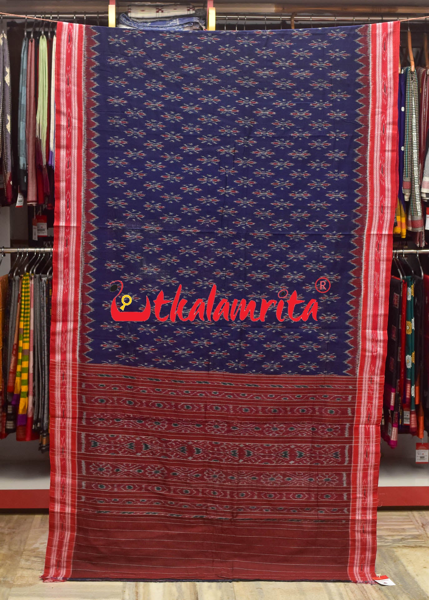 Navy Blue Red Phula Khandua Cotton Saree