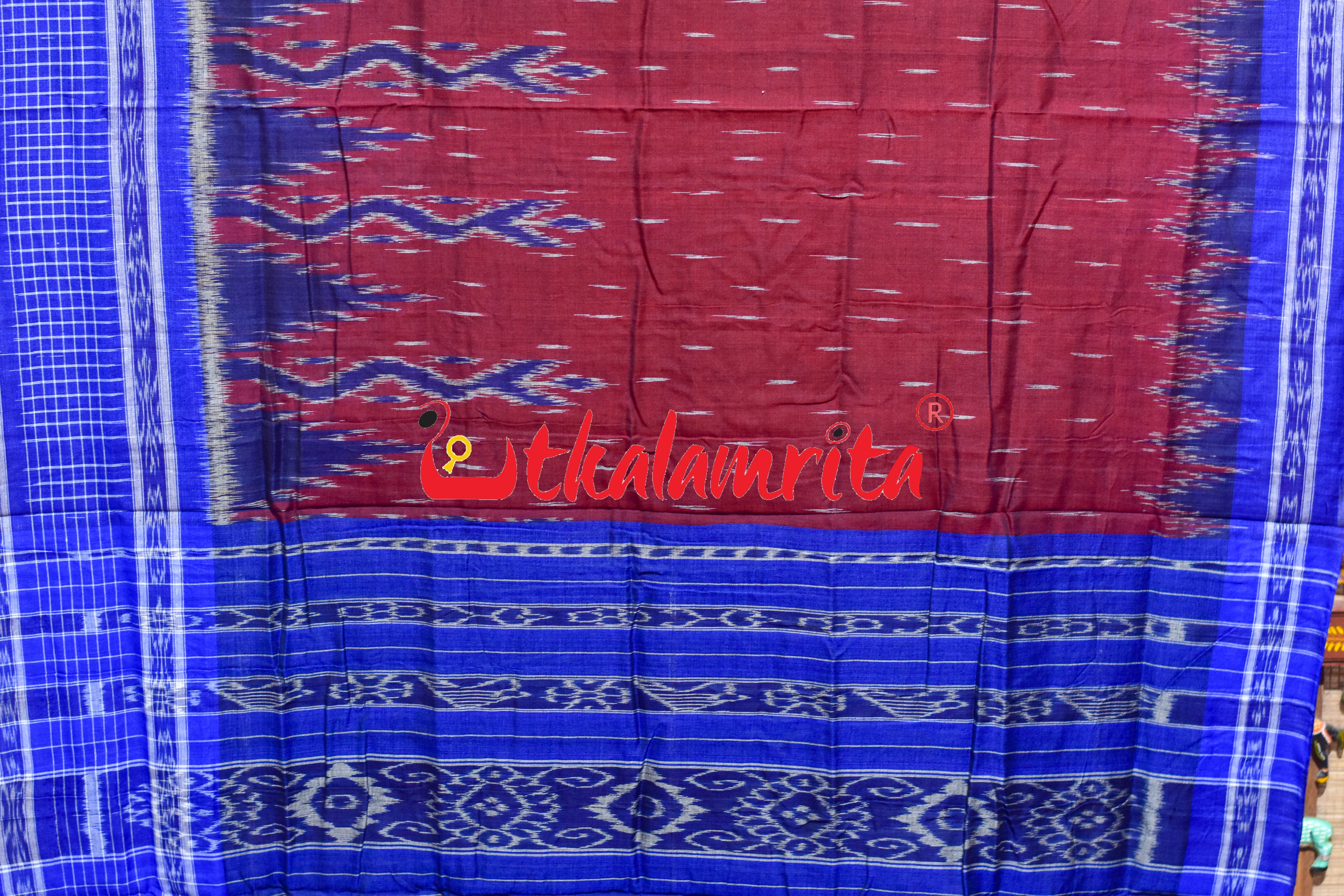Maroon Blue Check Daali Scot Khandua Cotton Saree