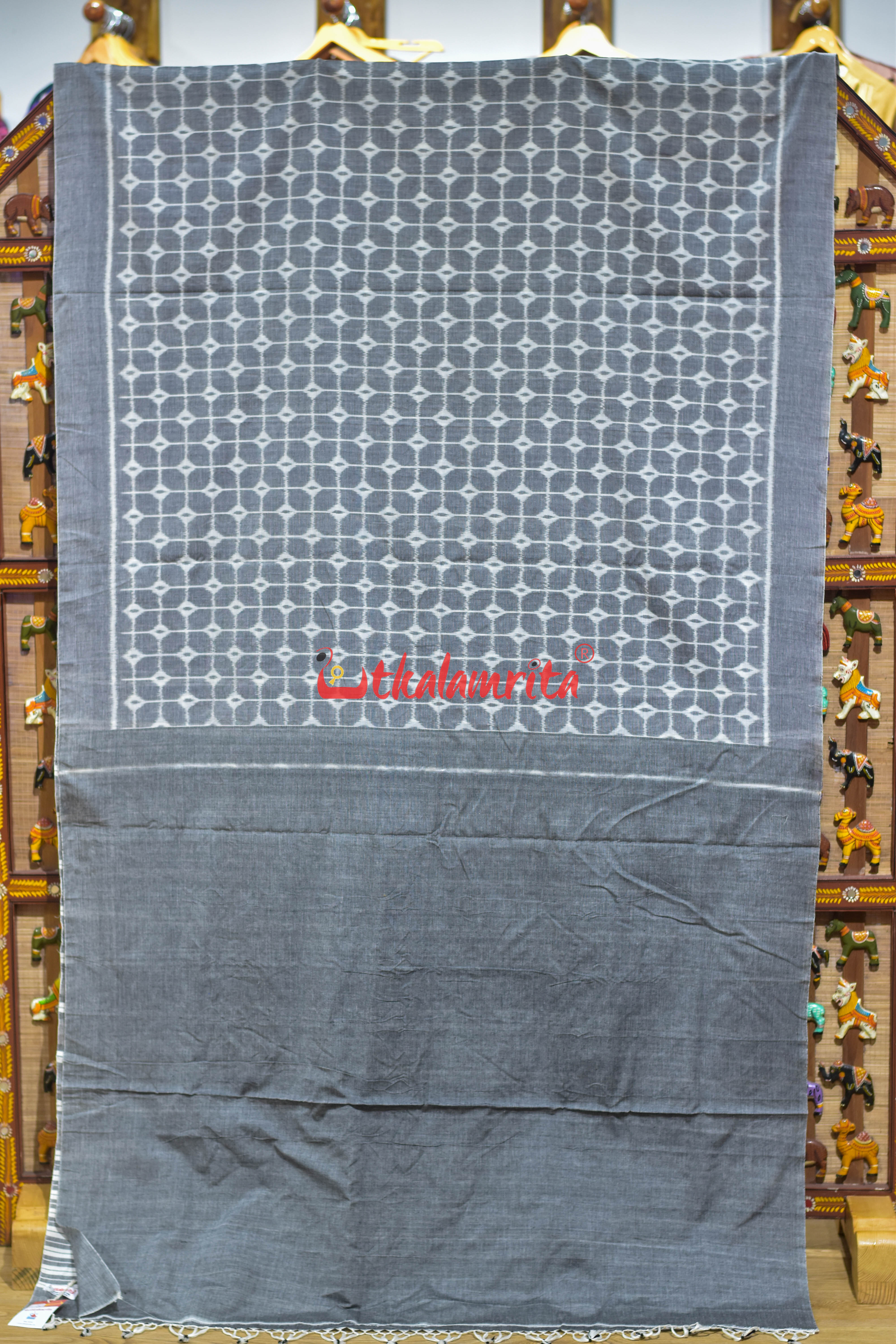 Grey Chessboard Thikiri Khandua Cotton Saree