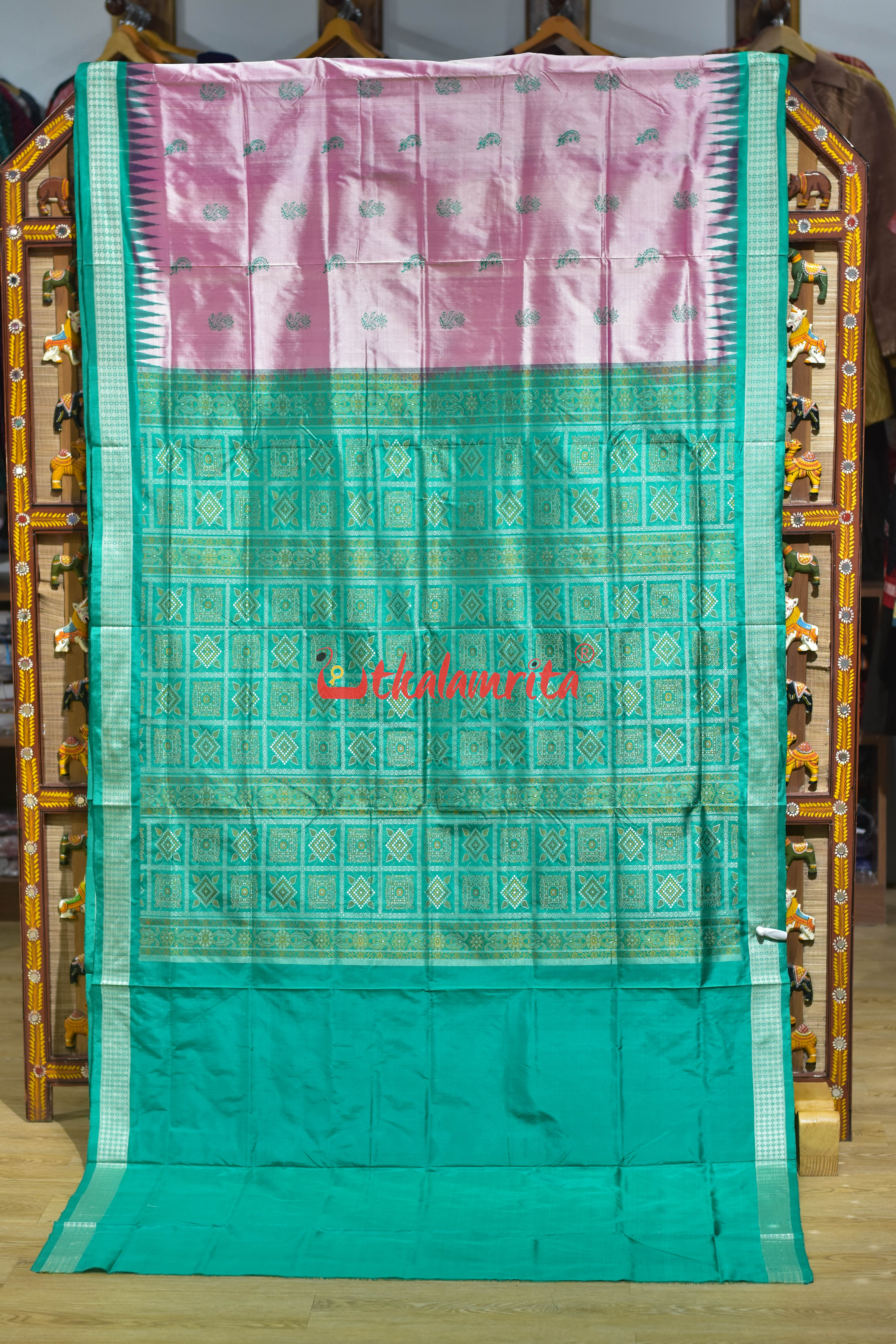 Light Pink Rama Green Border Bomkai Silk Saree