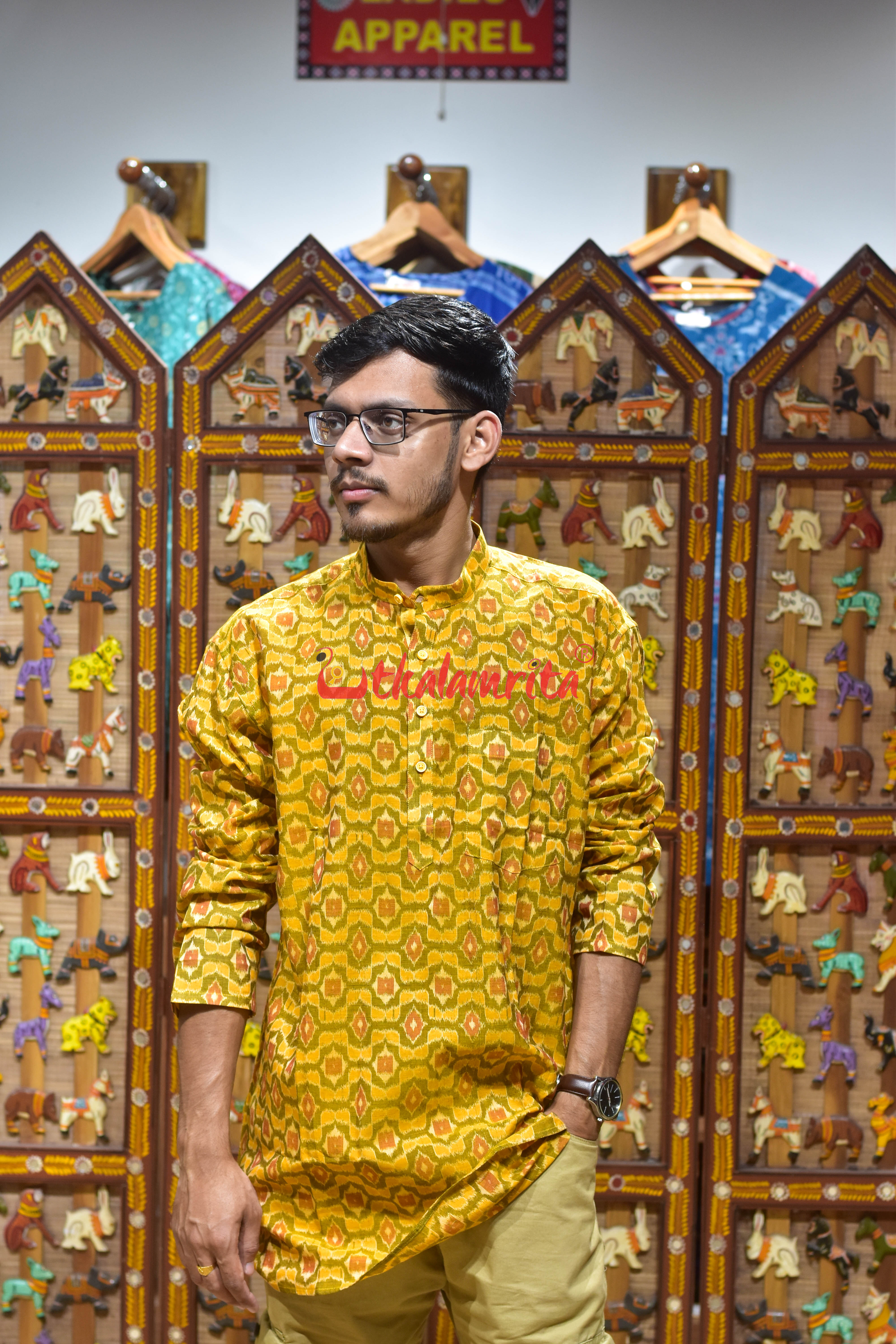 Mustard Pentagon Design (Men's Short Kurta)