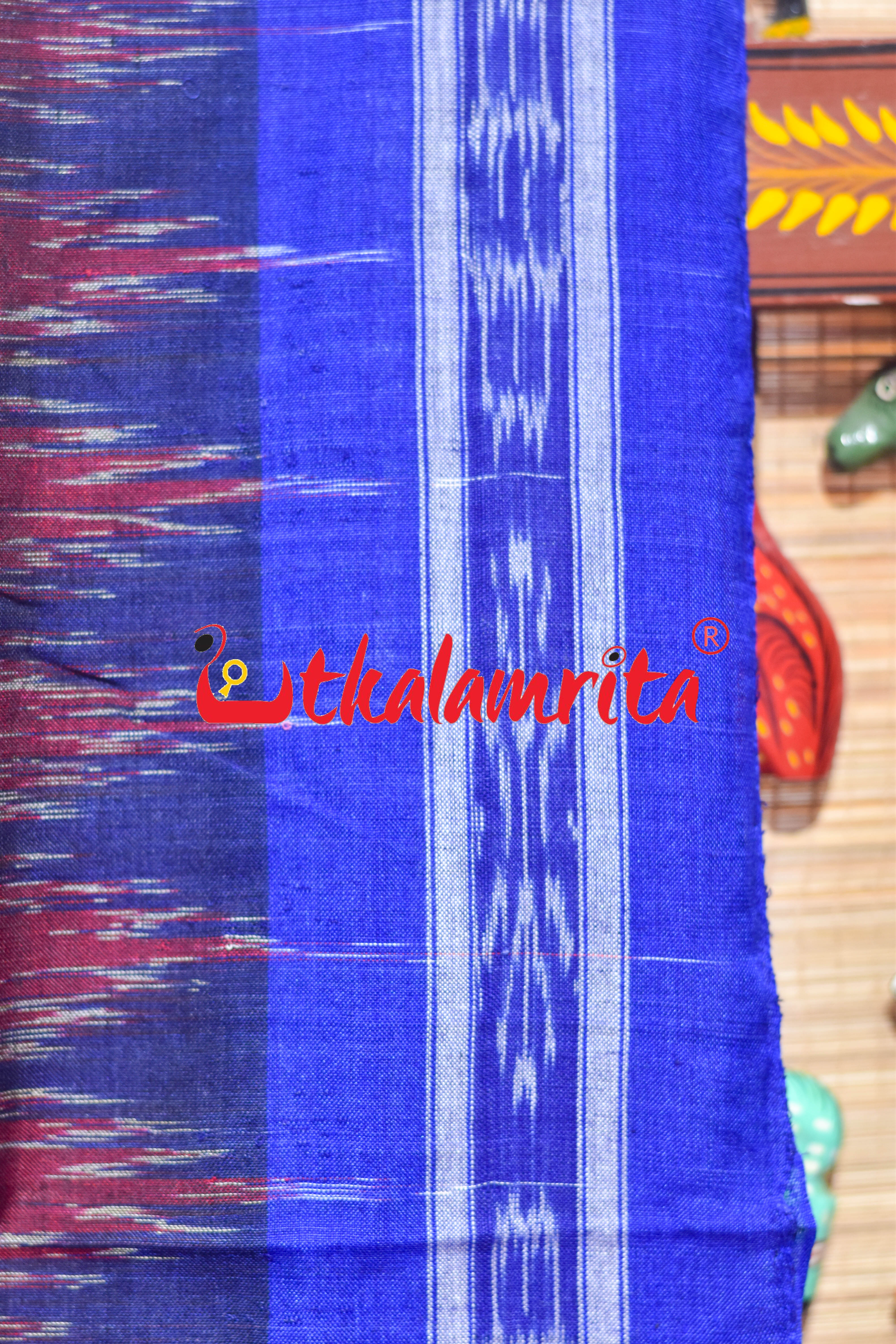 Maroon Blue Check Daali Scot Khandua Cotton Saree