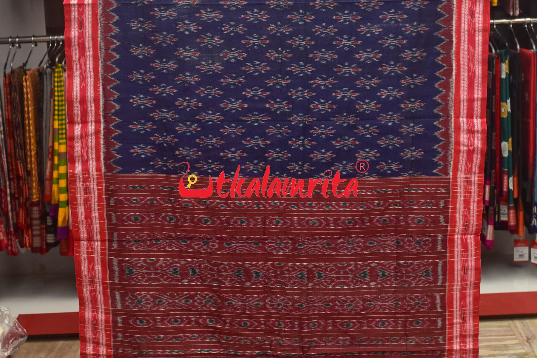 Navy Blue Red Phula Khandua Cotton Saree