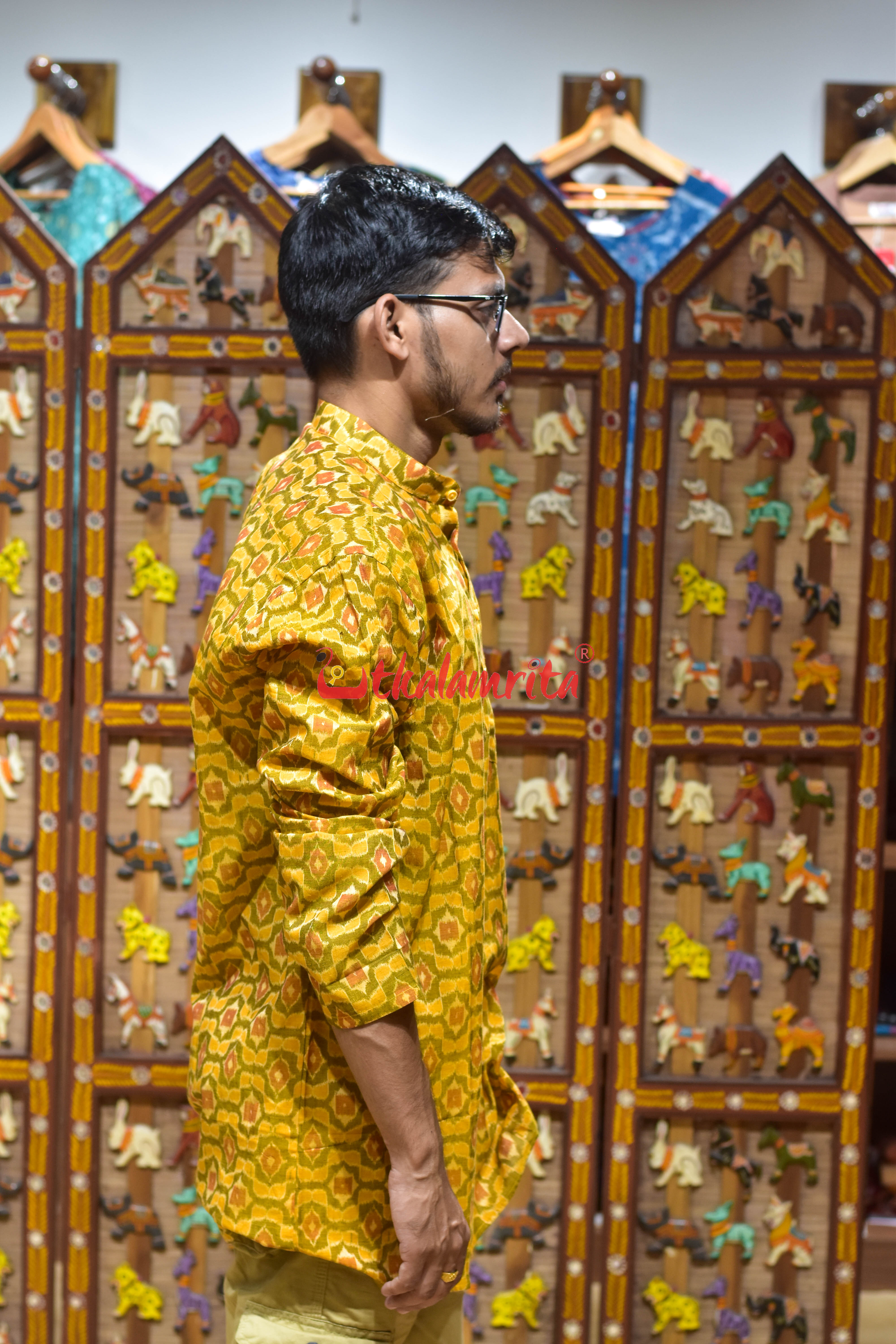 Mustard Pentagon Design (Men's Short Kurta)