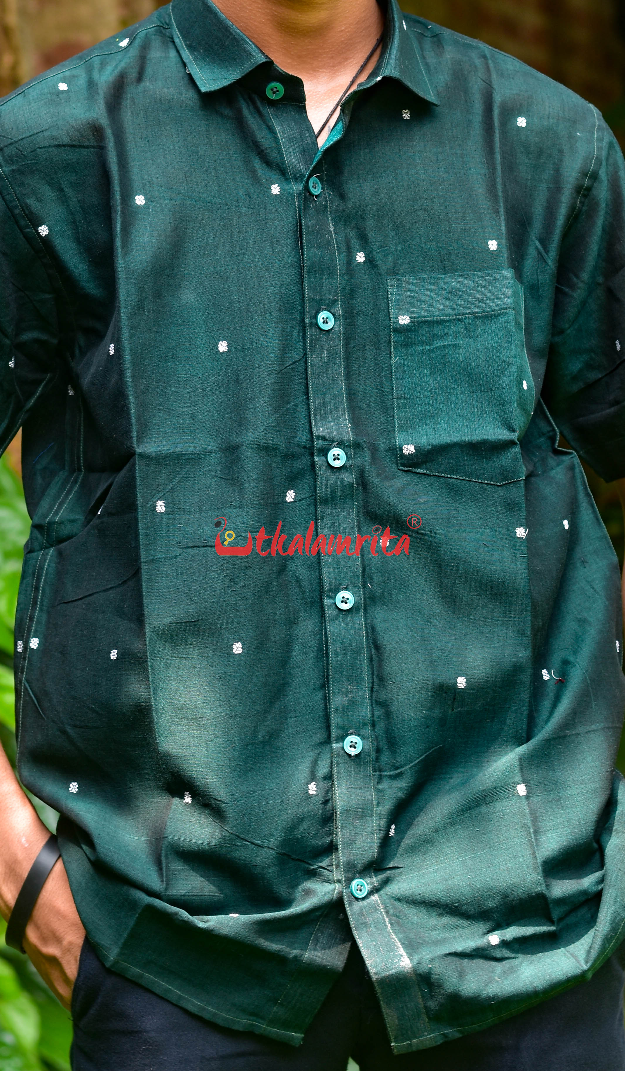 Bottle Green White Buti (Mens' Half Shirt)