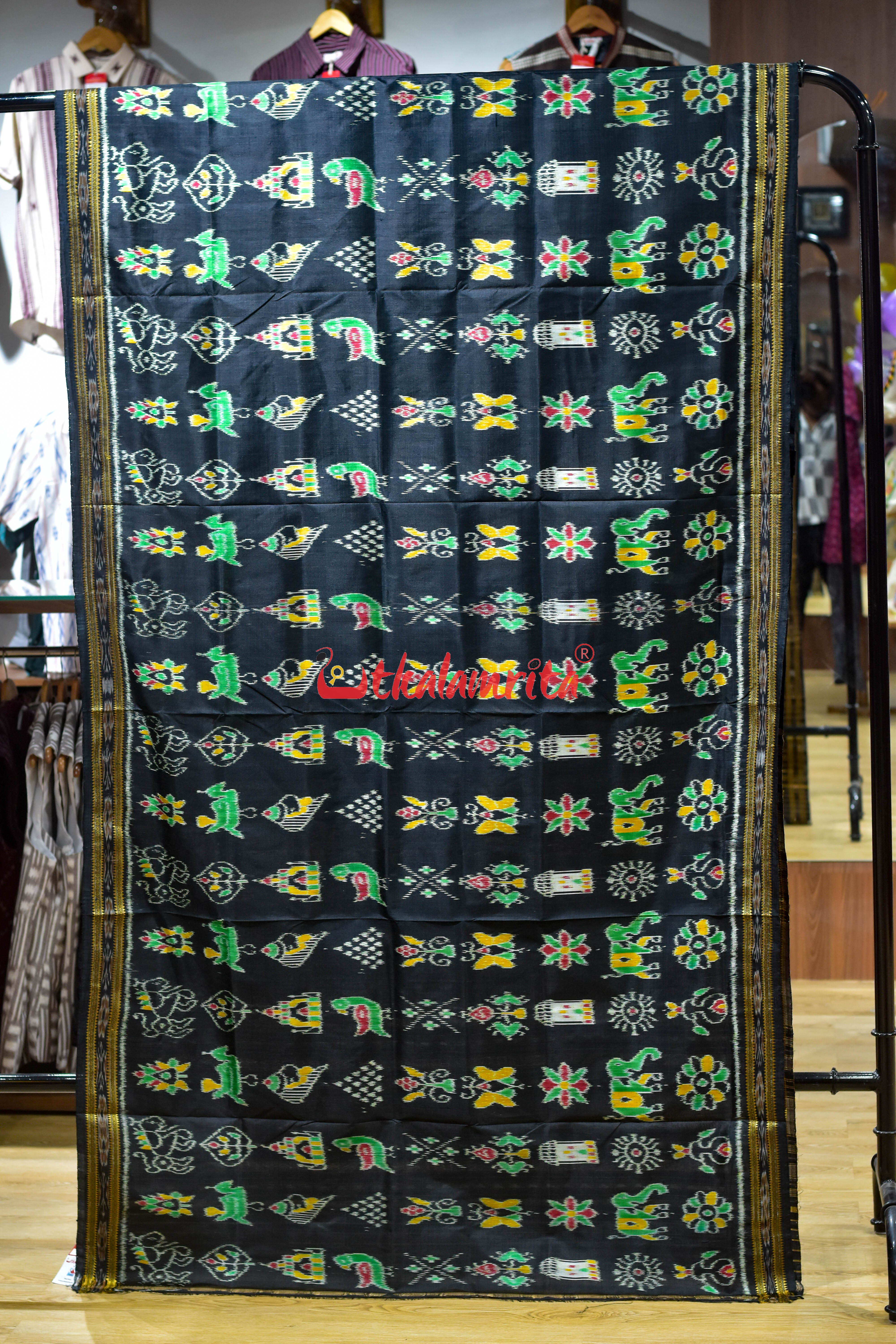 Black Nabarangi Animal and Flower Khandua Silk Saree