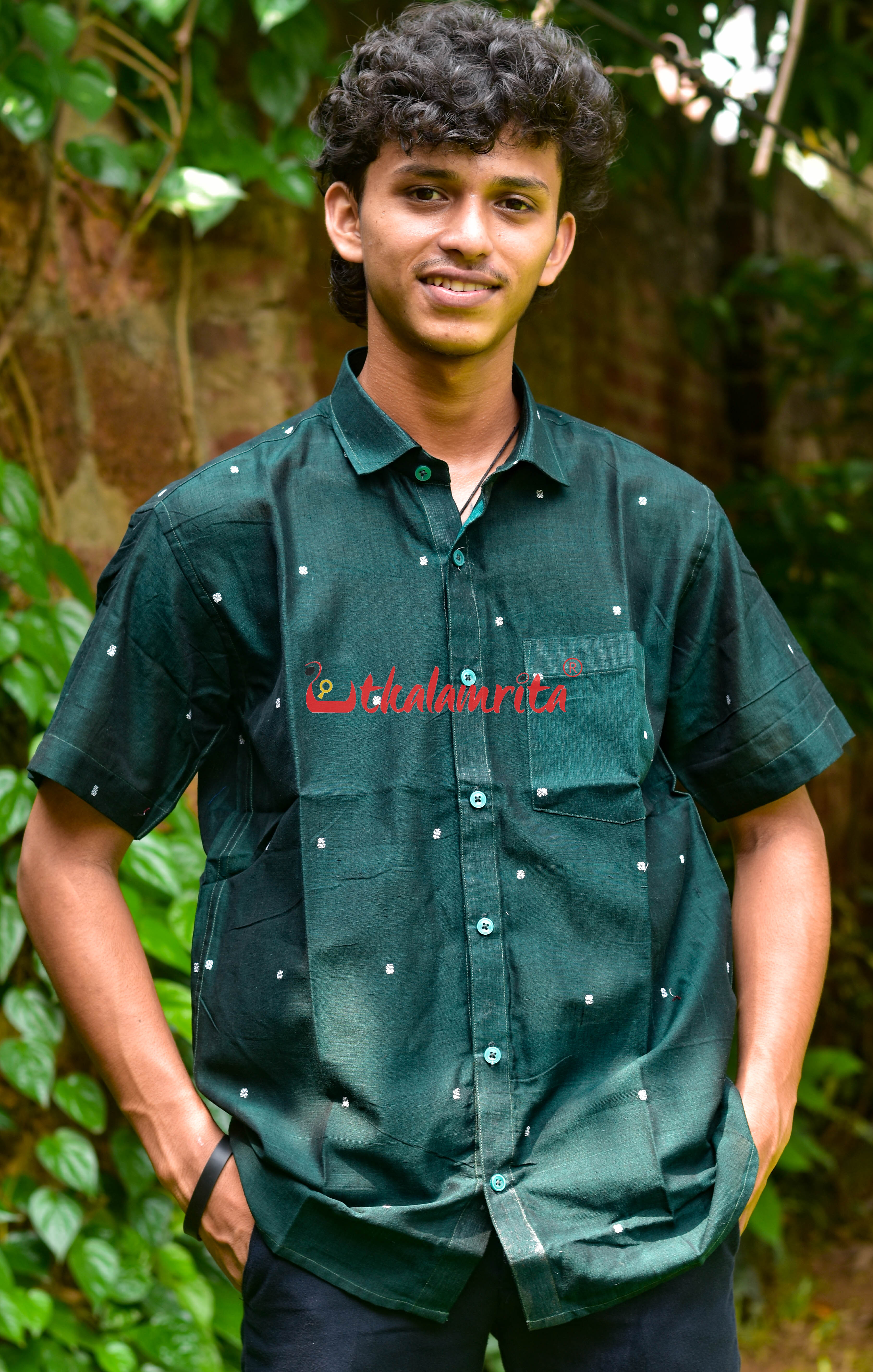 Bottle Green White Buti (Mens' Half Shirt)