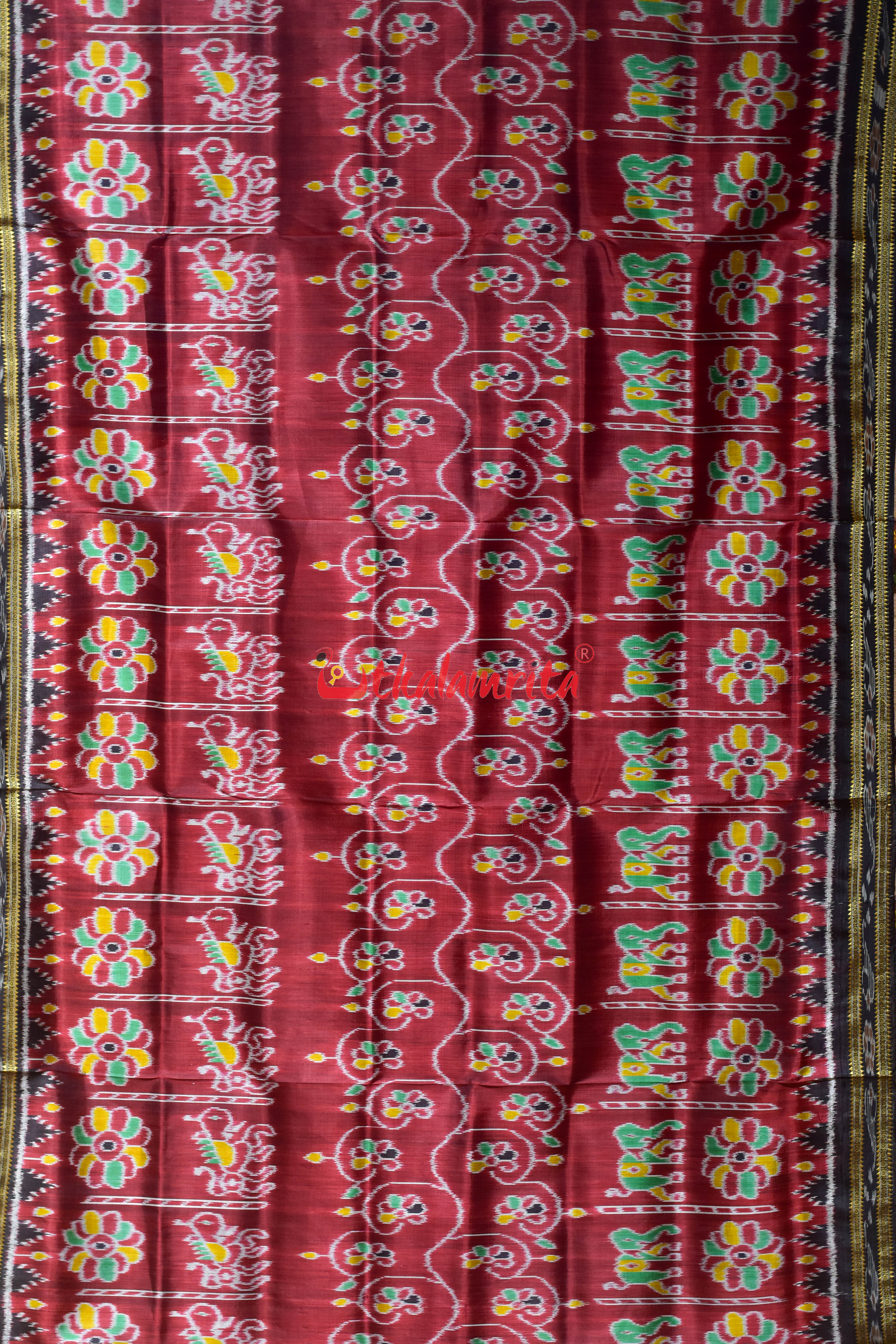Maroon Elephant Khandua Silk Saree