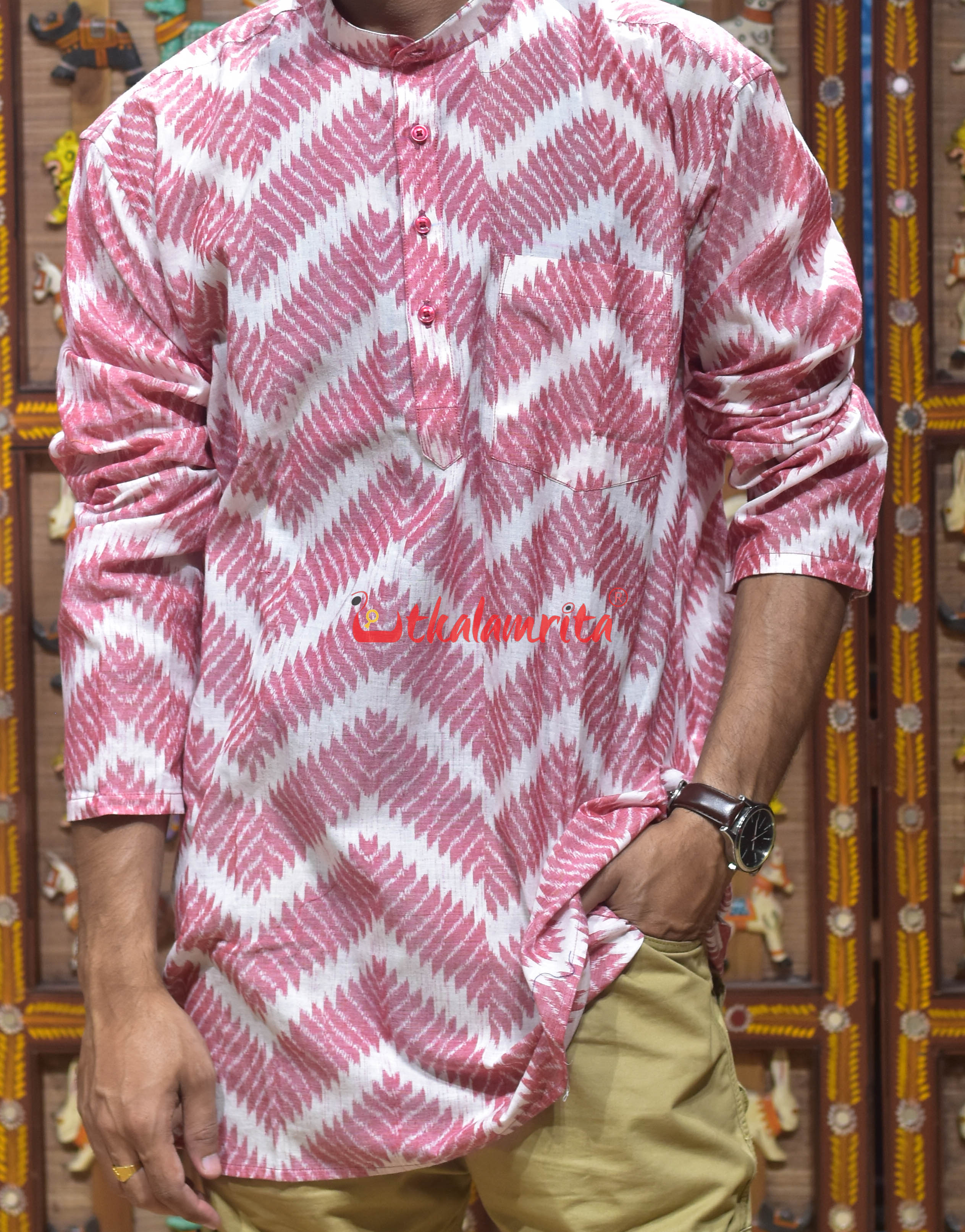 Red Zigzag Over White (Men's Short Kurta)