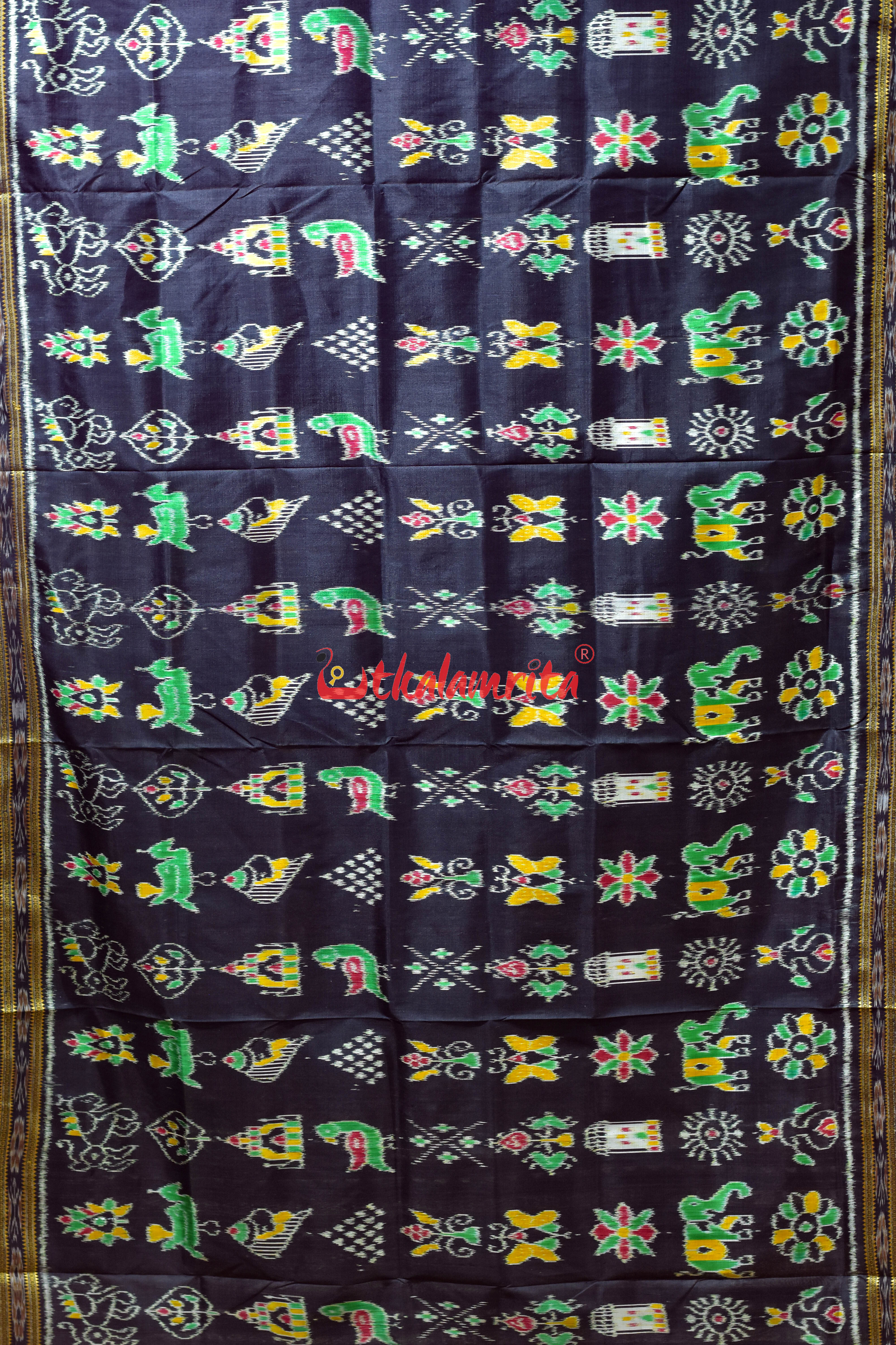 Black Nabarangi Animal and Flower Khandua Silk Saree