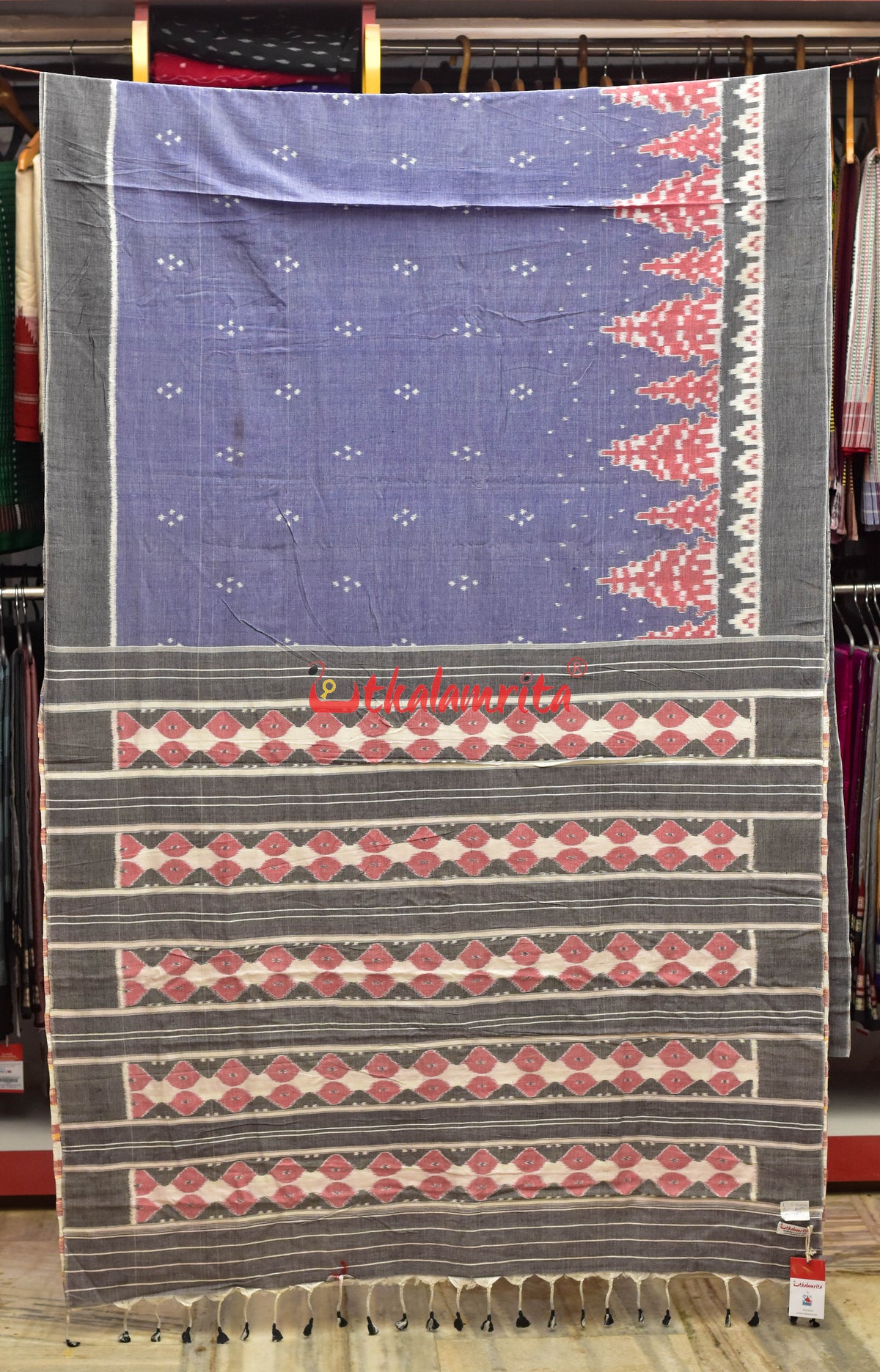 Light Blue Grey Border Ikat Cotton Saree