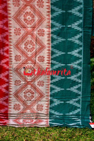 Red Green Tussarite 3D Kumbha Khandua Cotton Saree