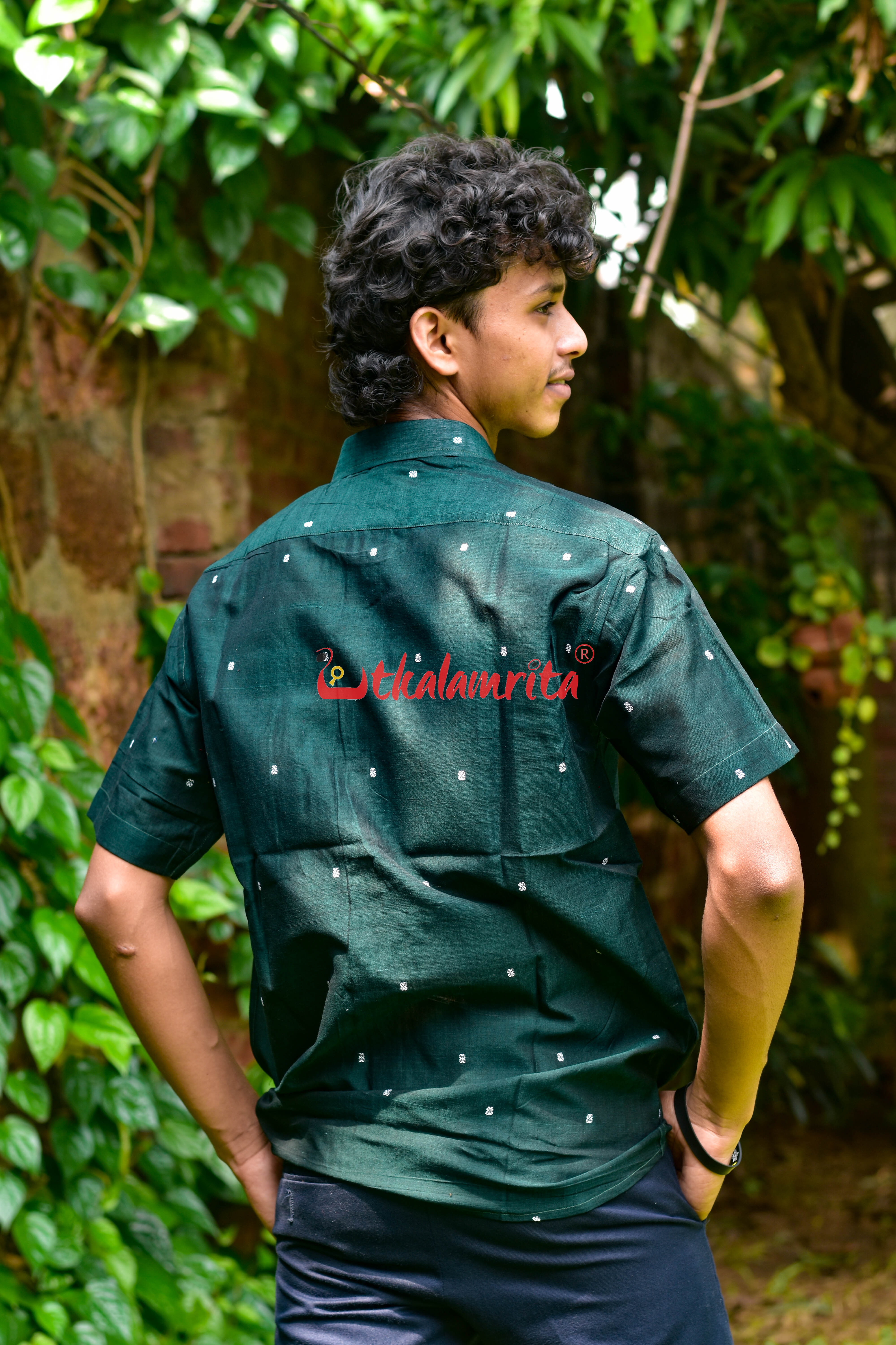 Bottle Green White Buti (Mens' Half Shirt)
