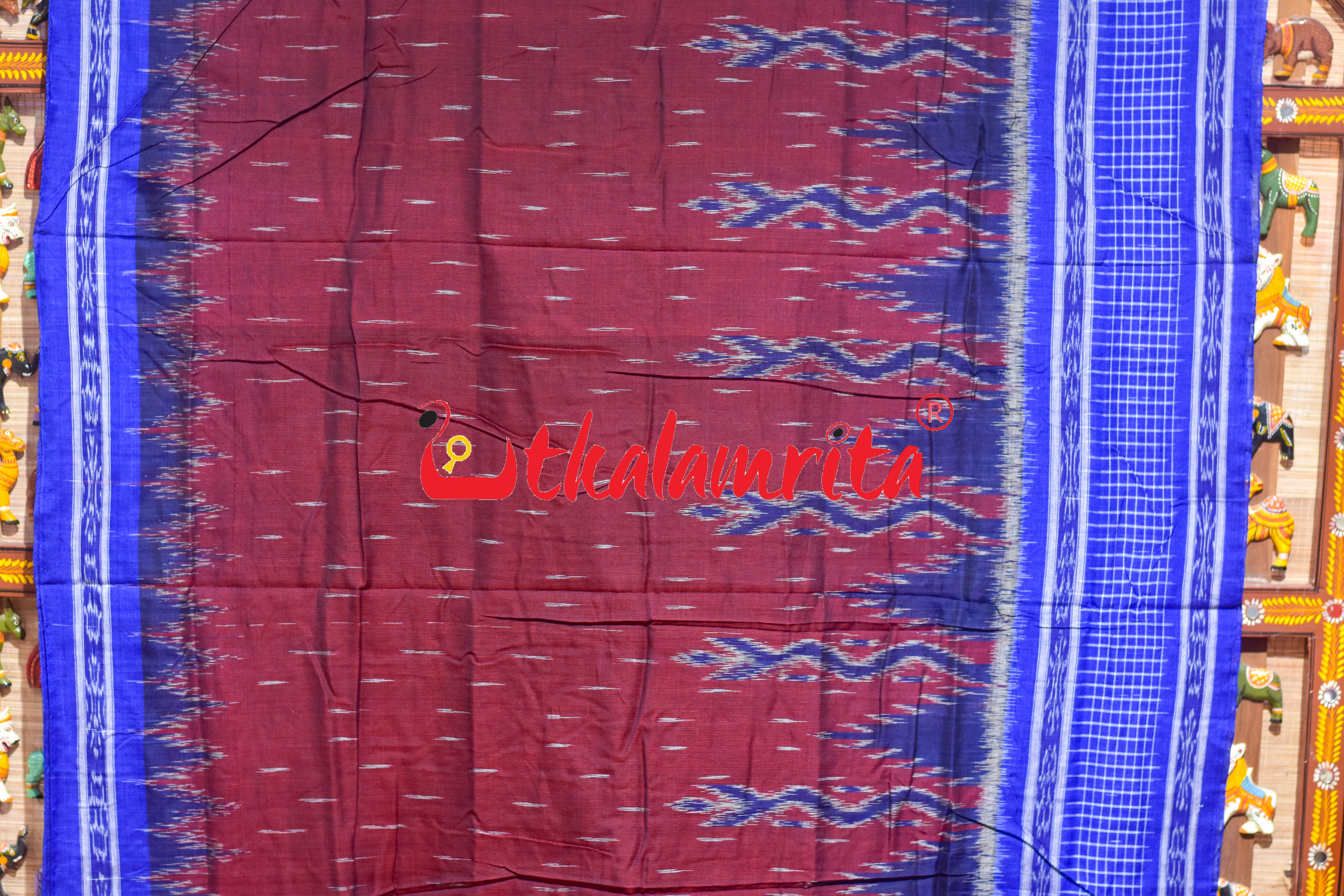 Maroon Blue Check Daali Scot Khandua Cotton Saree