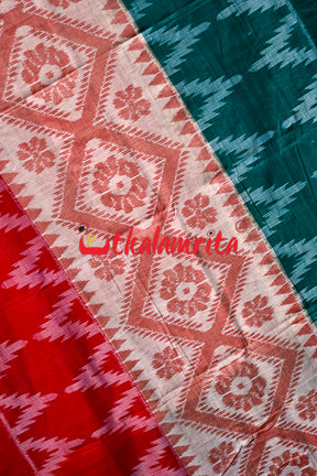 Red Green Tussarite 3D Kumbha Khandua Cotton Saree