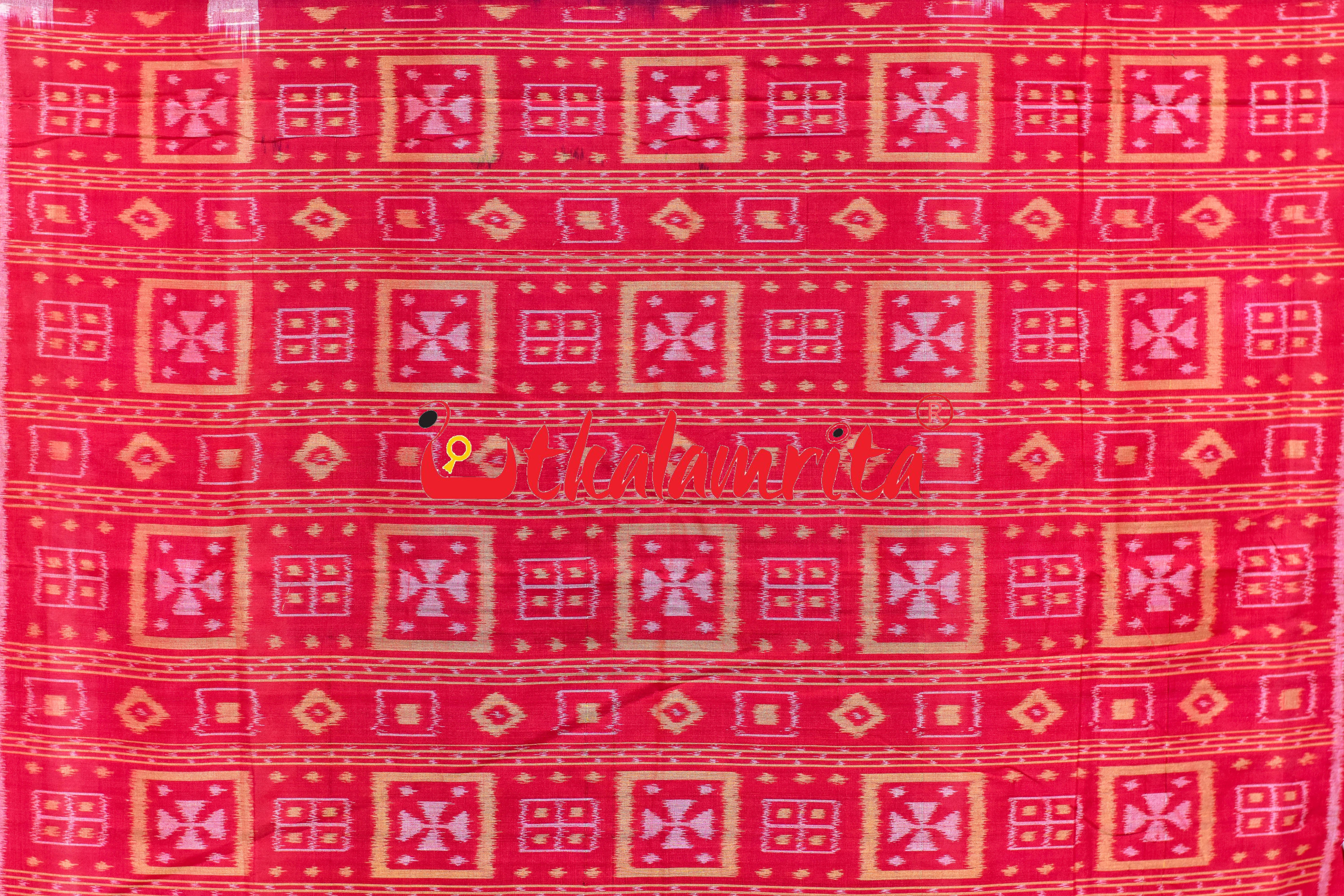 Blue Red Big Flower Sambalpuri Cotton Saree