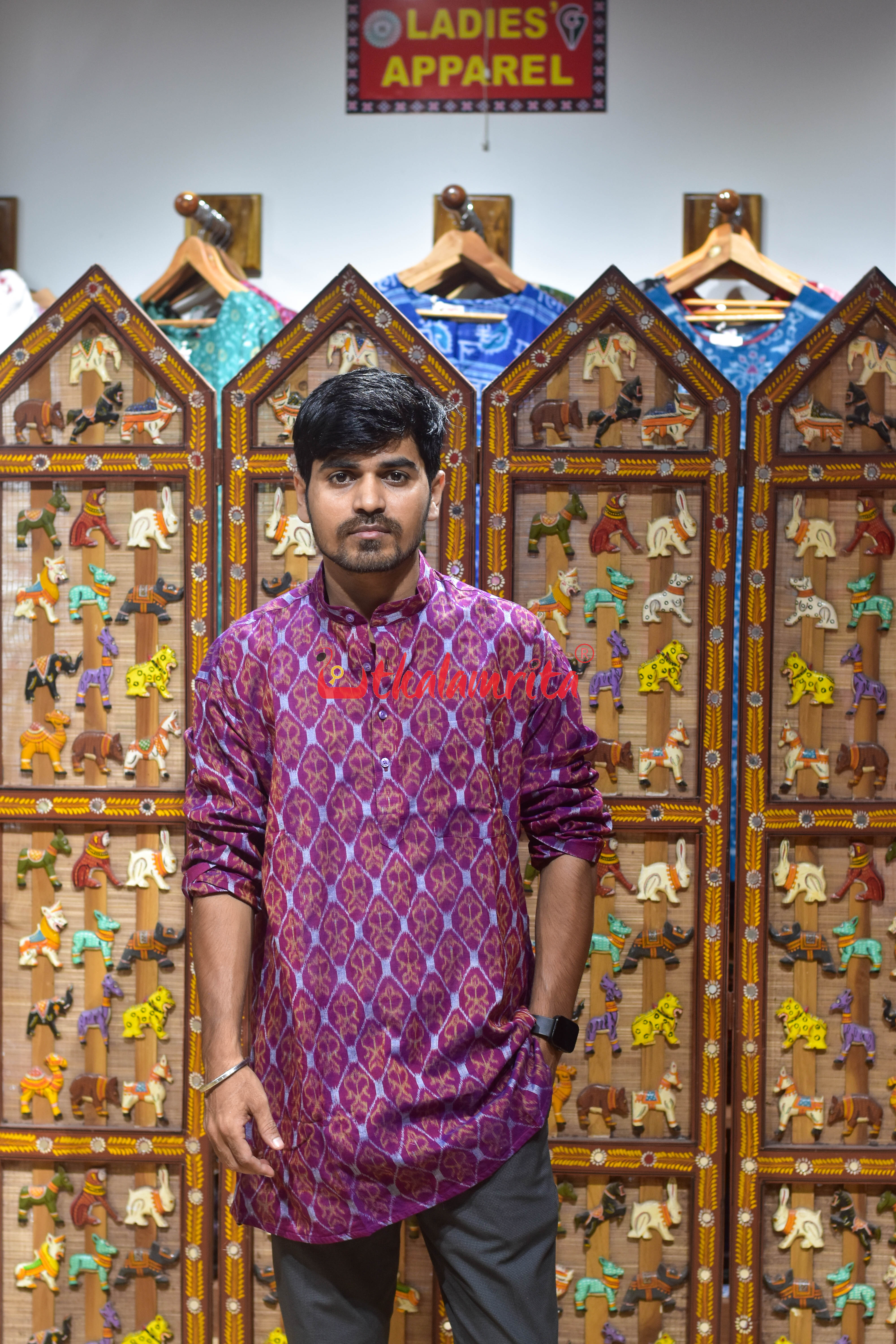 Golden Jet Over Magenta (Men's Short Kurta)