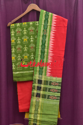 Mehndi Red Tribal Houses Sambalpuri Cotton Dress Set