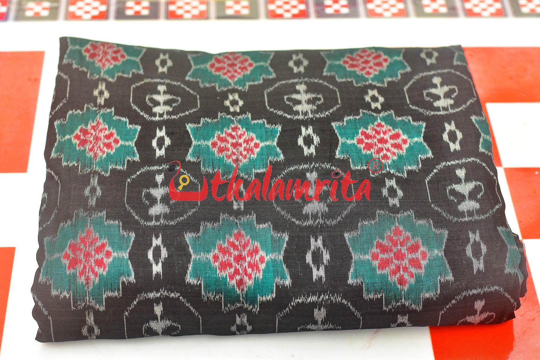 Black Tribal and Flowers Sambalpuri Cotton (Fabric)