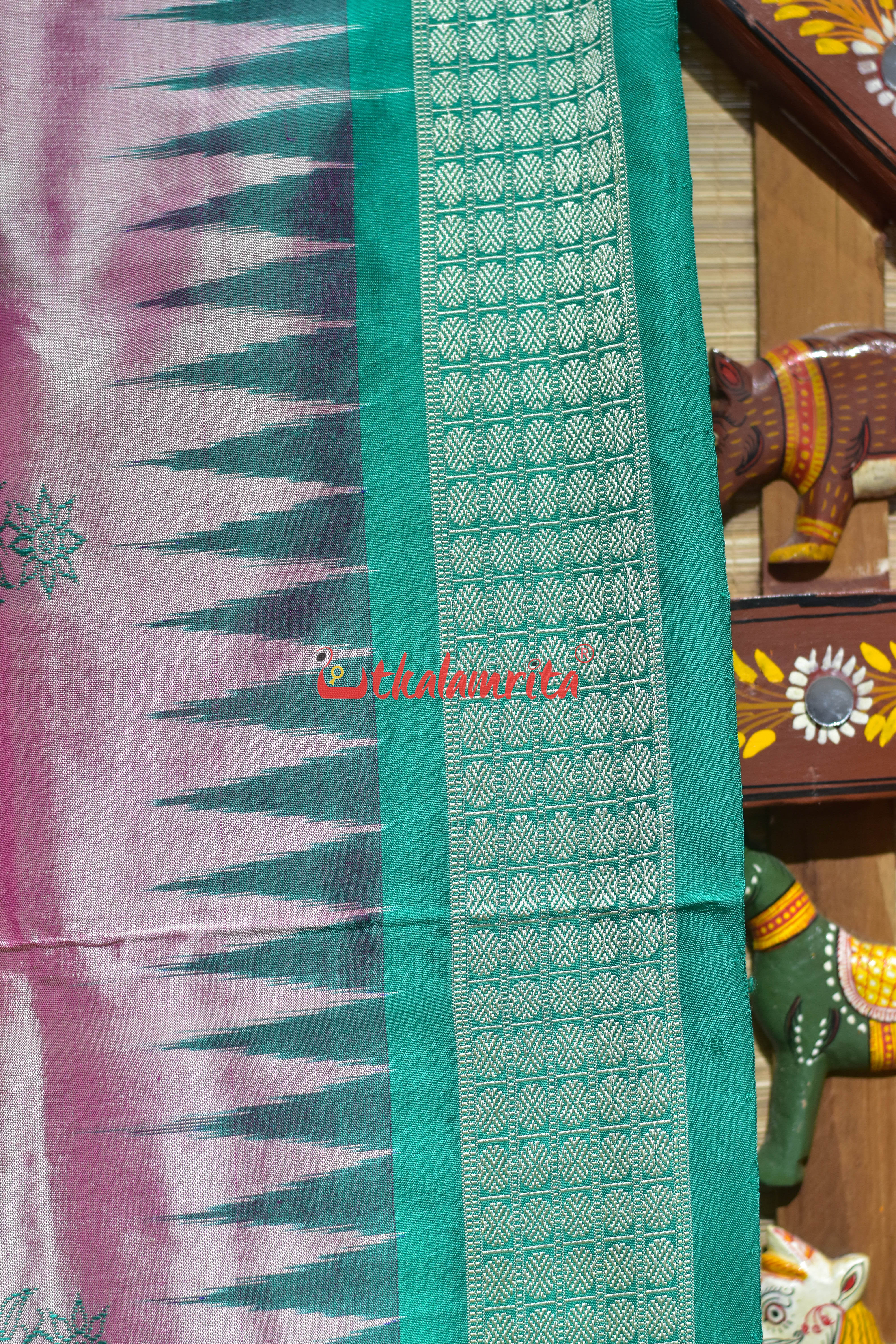 Light Pink Rama Green Border Bomkai Silk Saree