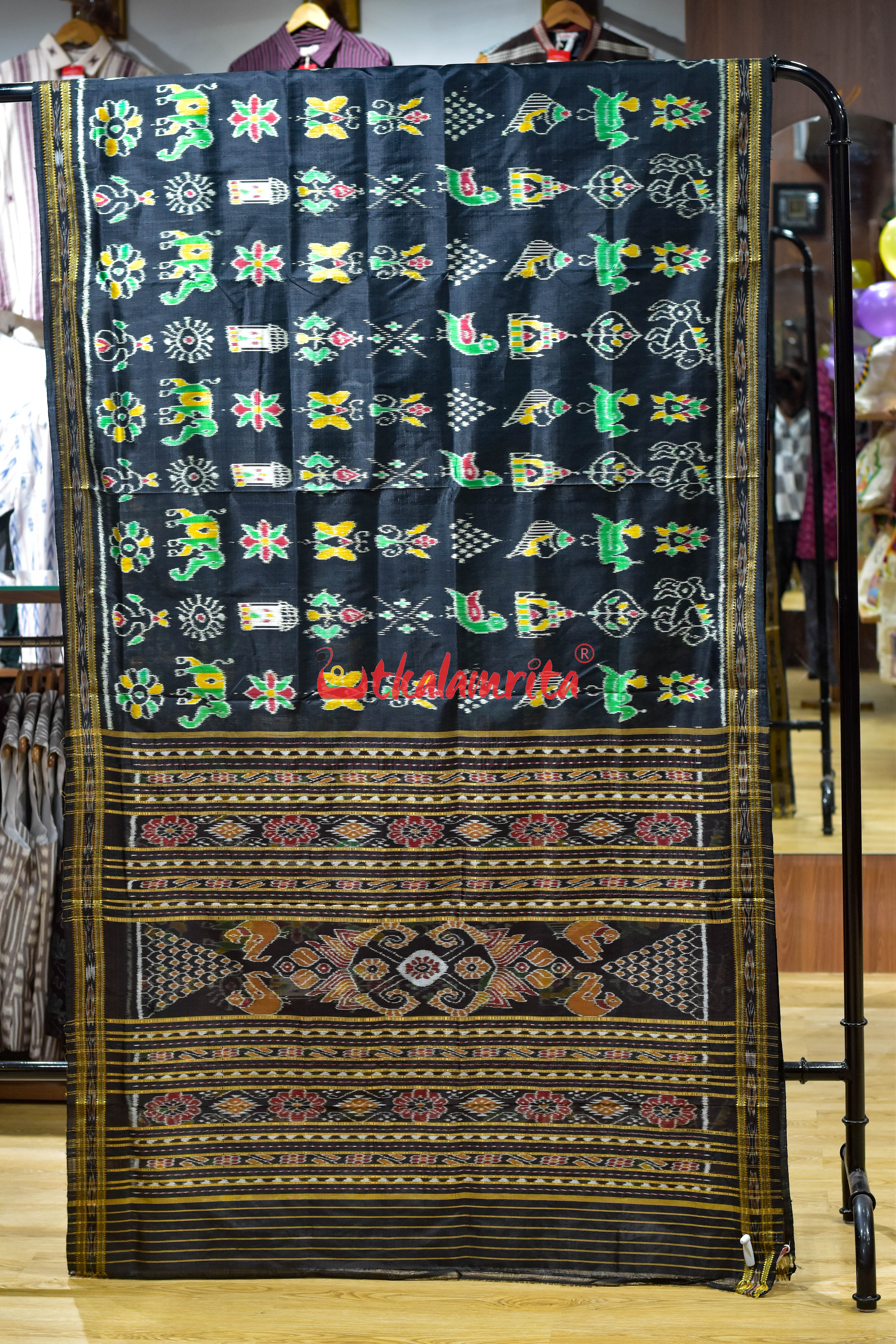 Black Nabarangi Animal and Flower Khandua Silk Saree