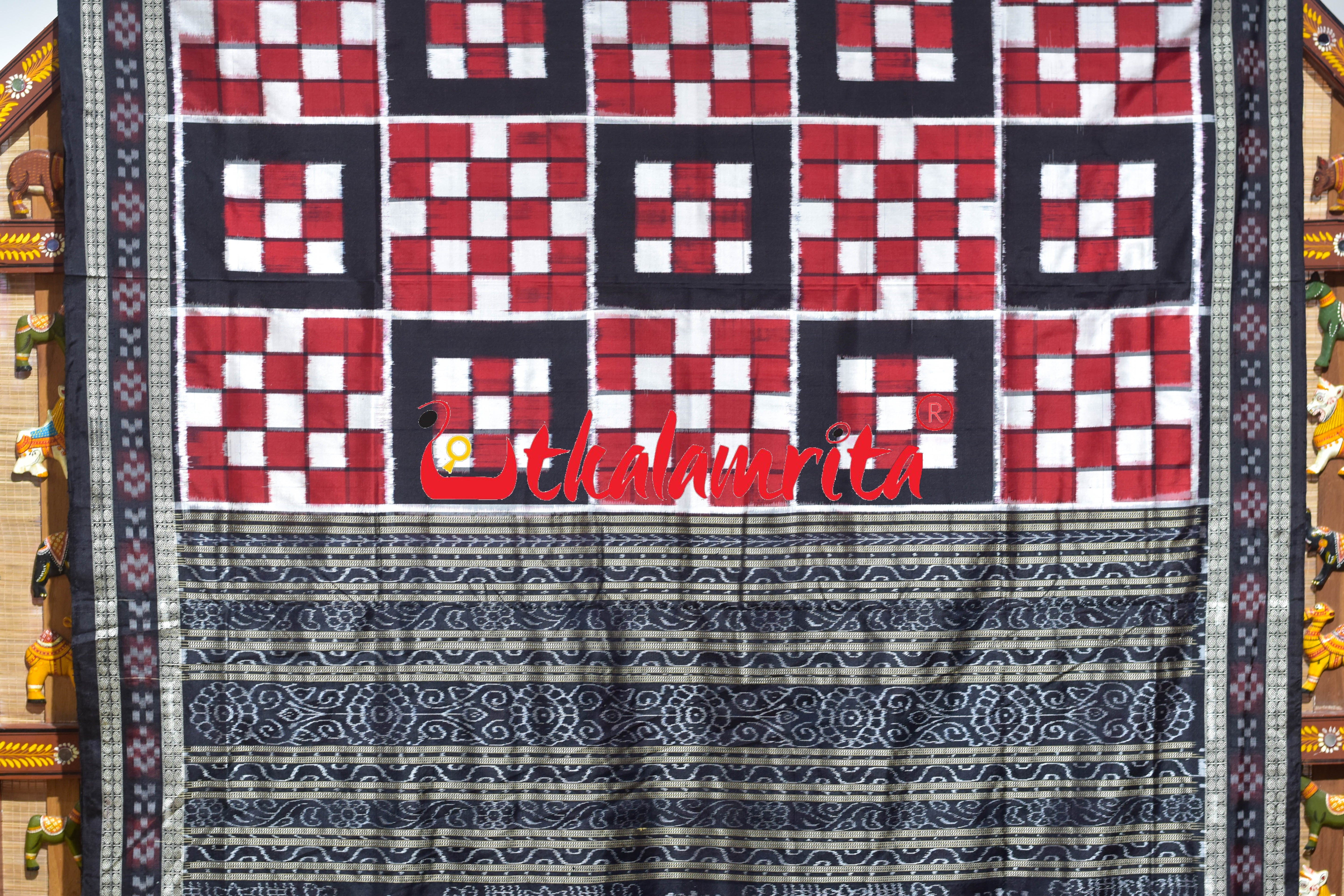 5 Kuthi Red Black White Pasapali Sambalpuri Silk Saree