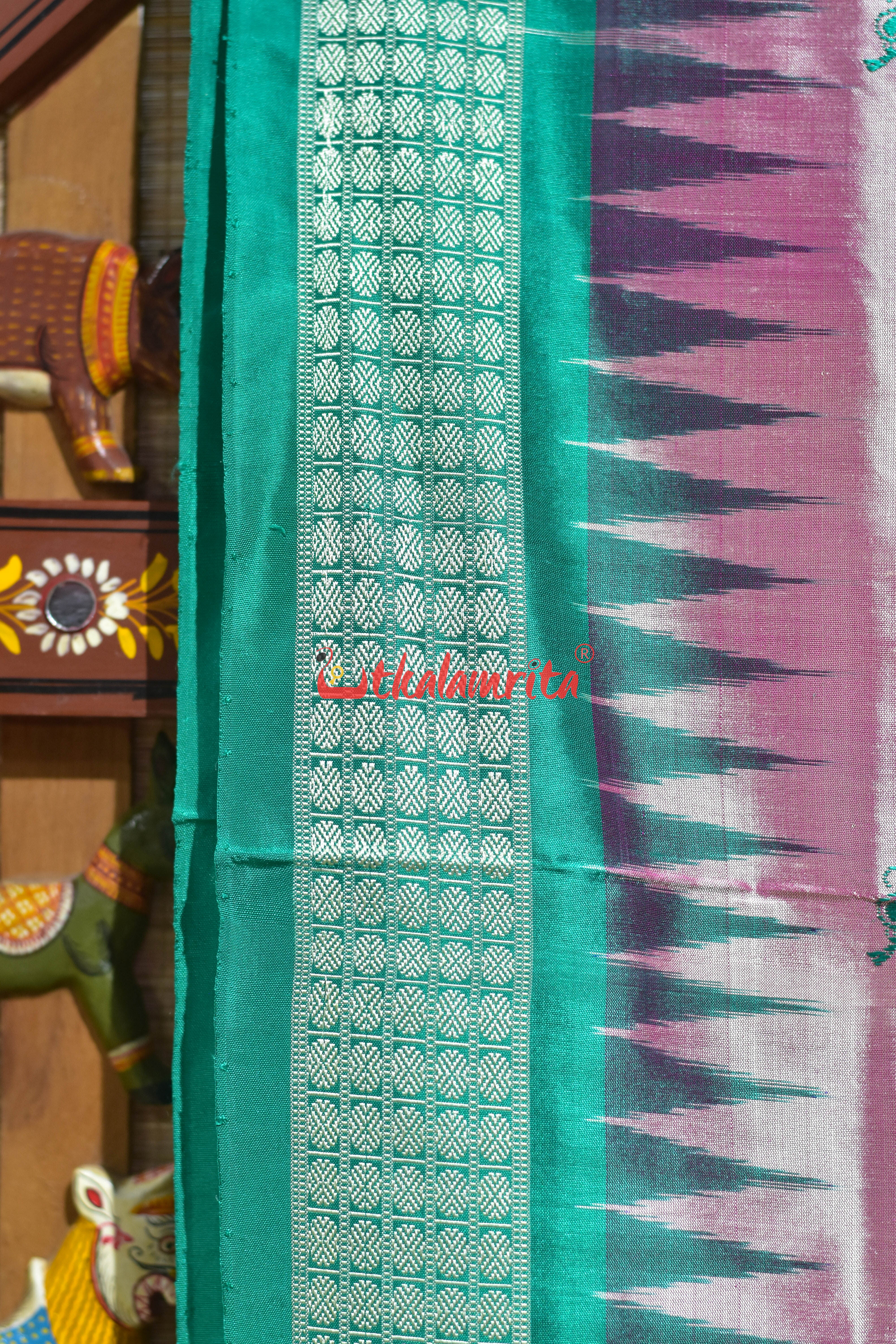 Light Pink Rama Green Border Bomkai Silk Saree