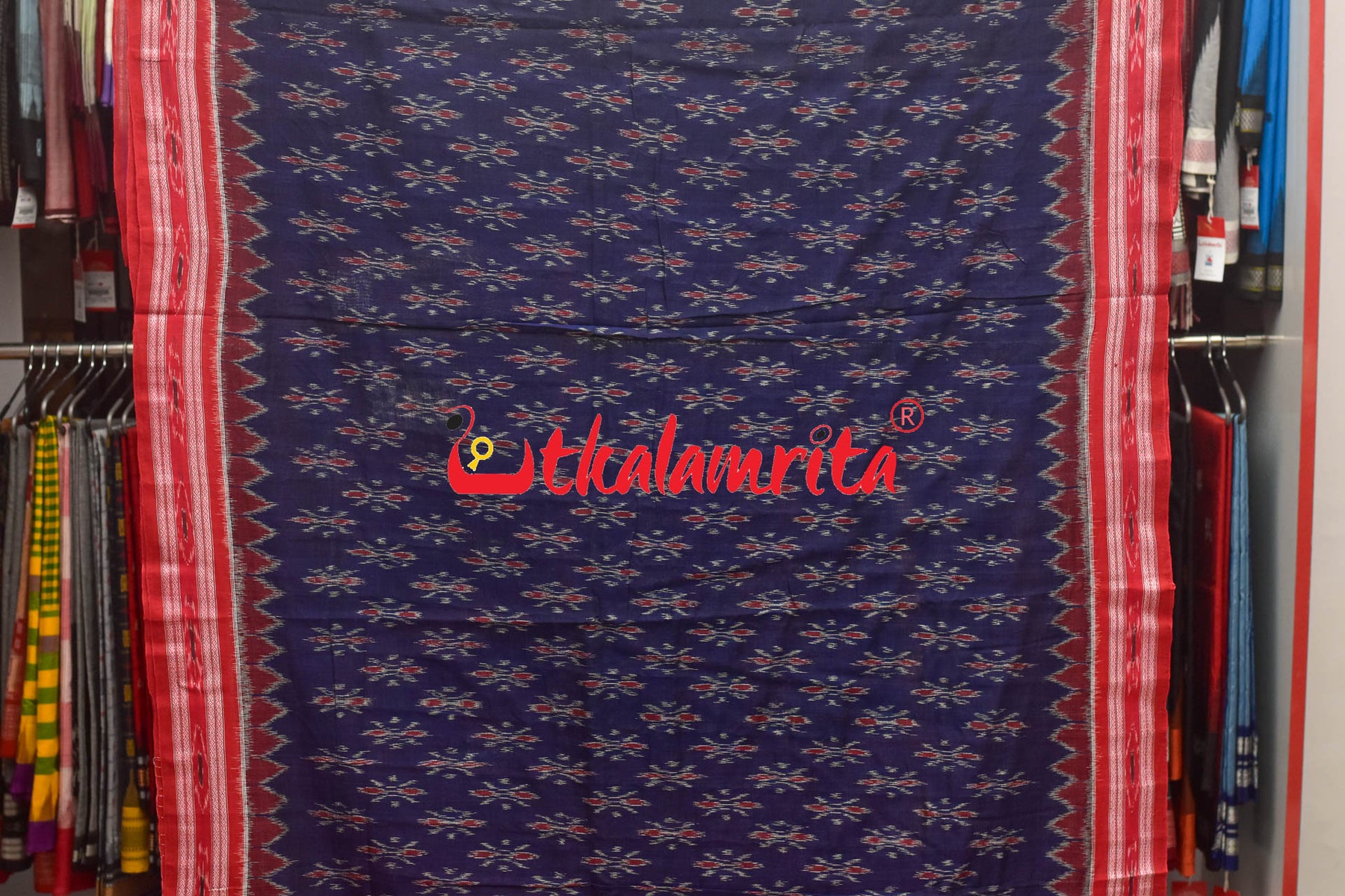 Navy Blue Red Phula Khandua Cotton Saree