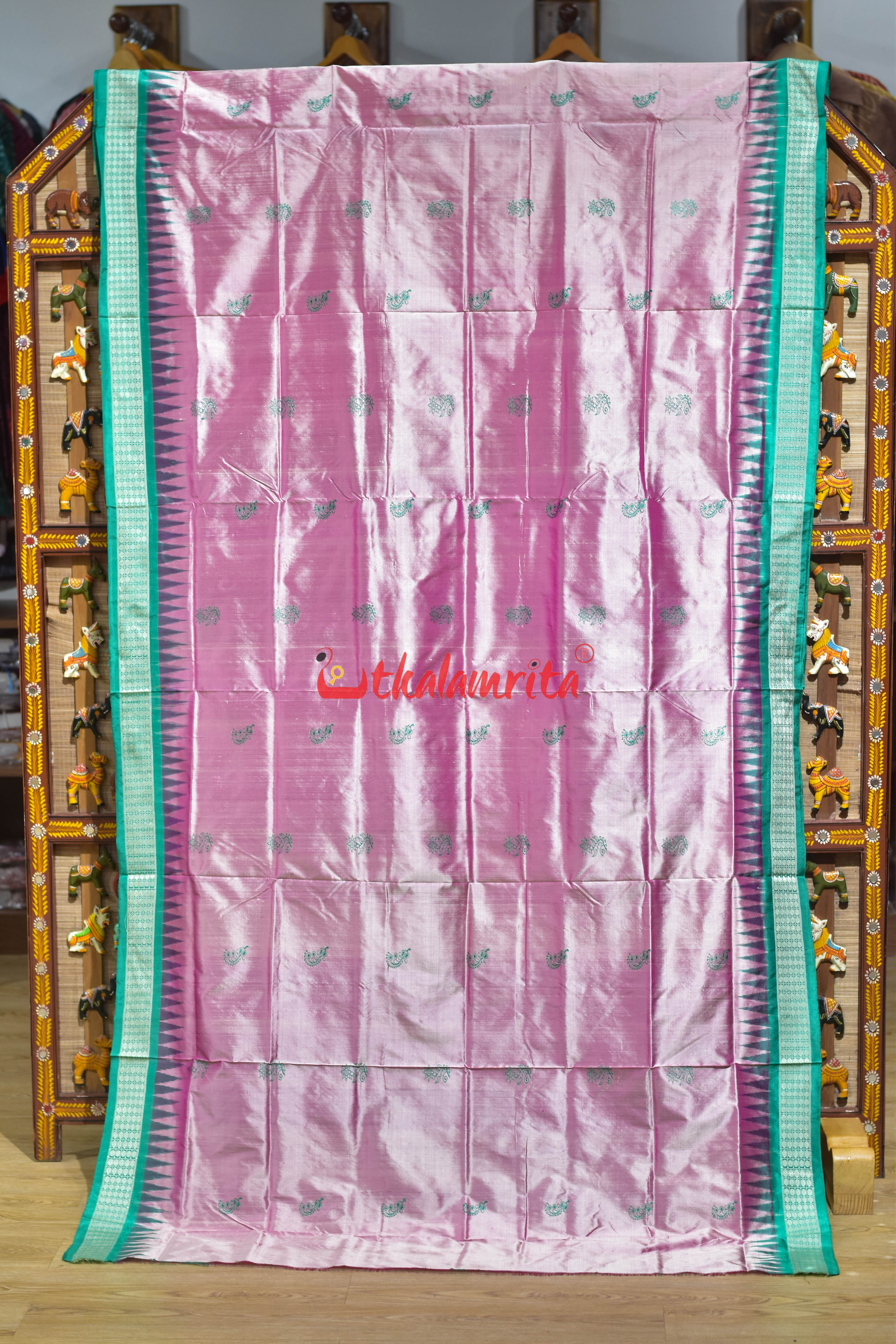 Light Pink Rama Green Border Bomkai Silk Saree