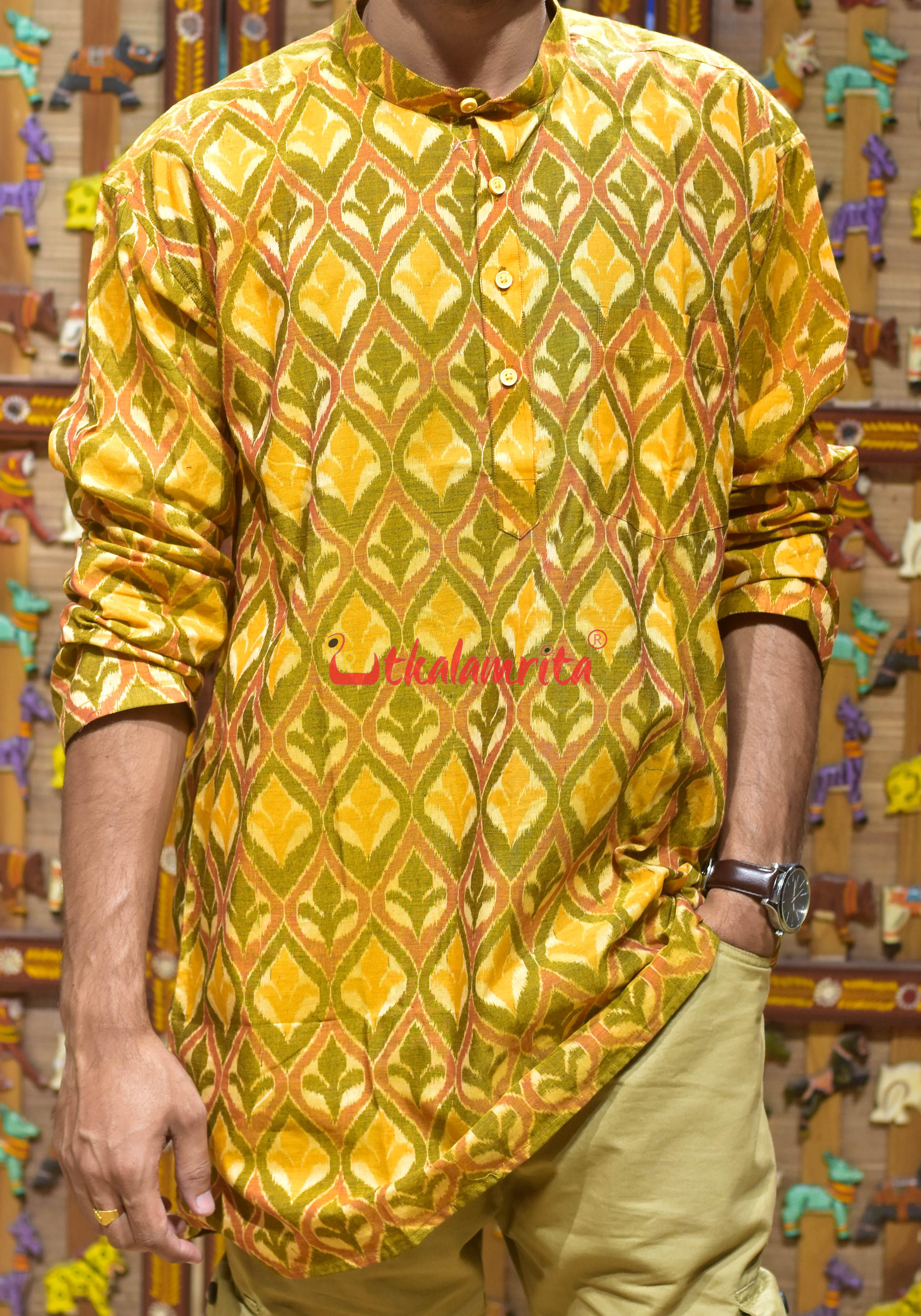 Mustard Yellow Flower Design (Men's Short Kurta)