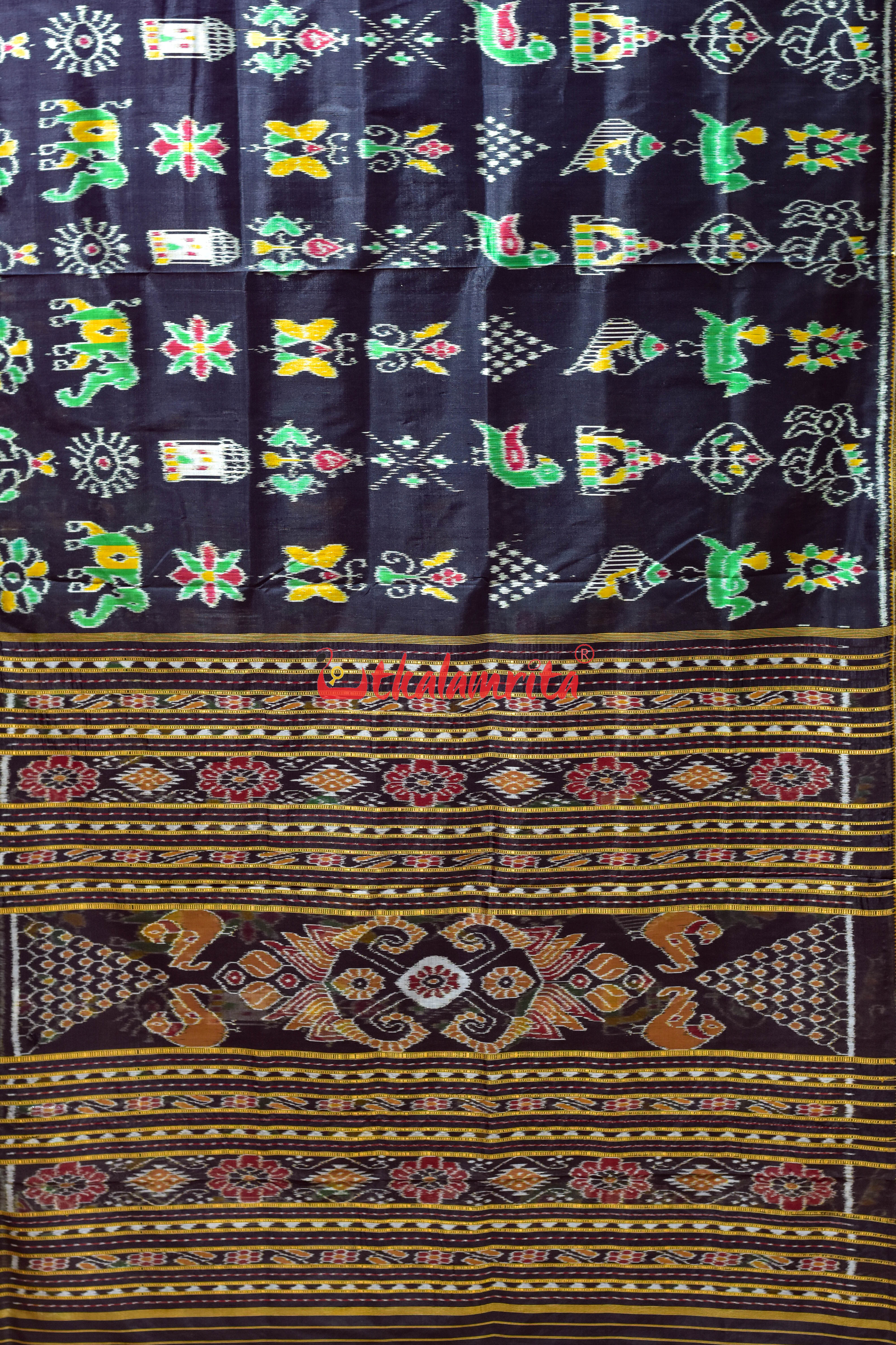 Black Nabarangi Animal and Flower Khandua Silk Saree