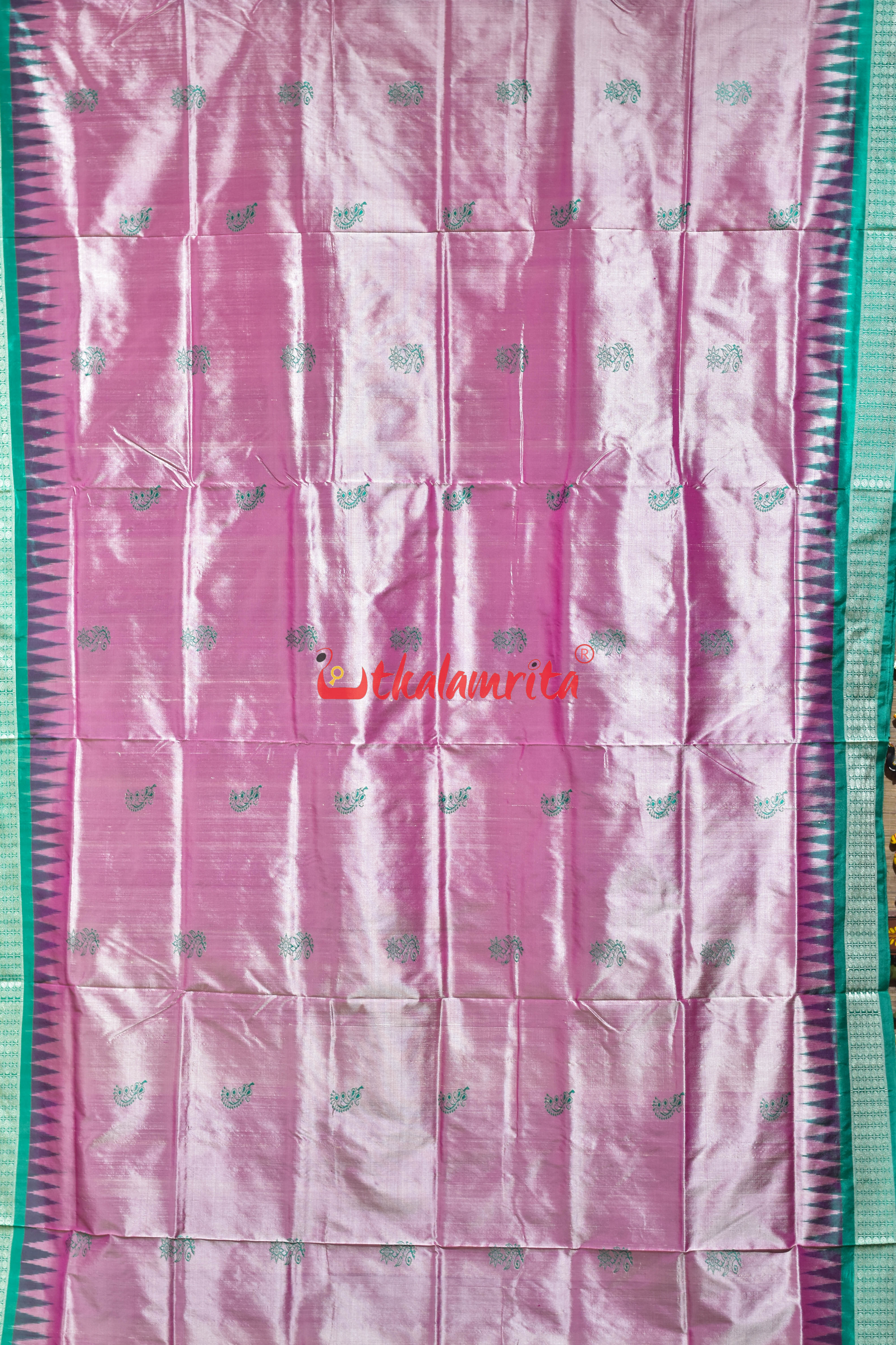 Light Pink Rama Green Border Bomkai Silk Saree
