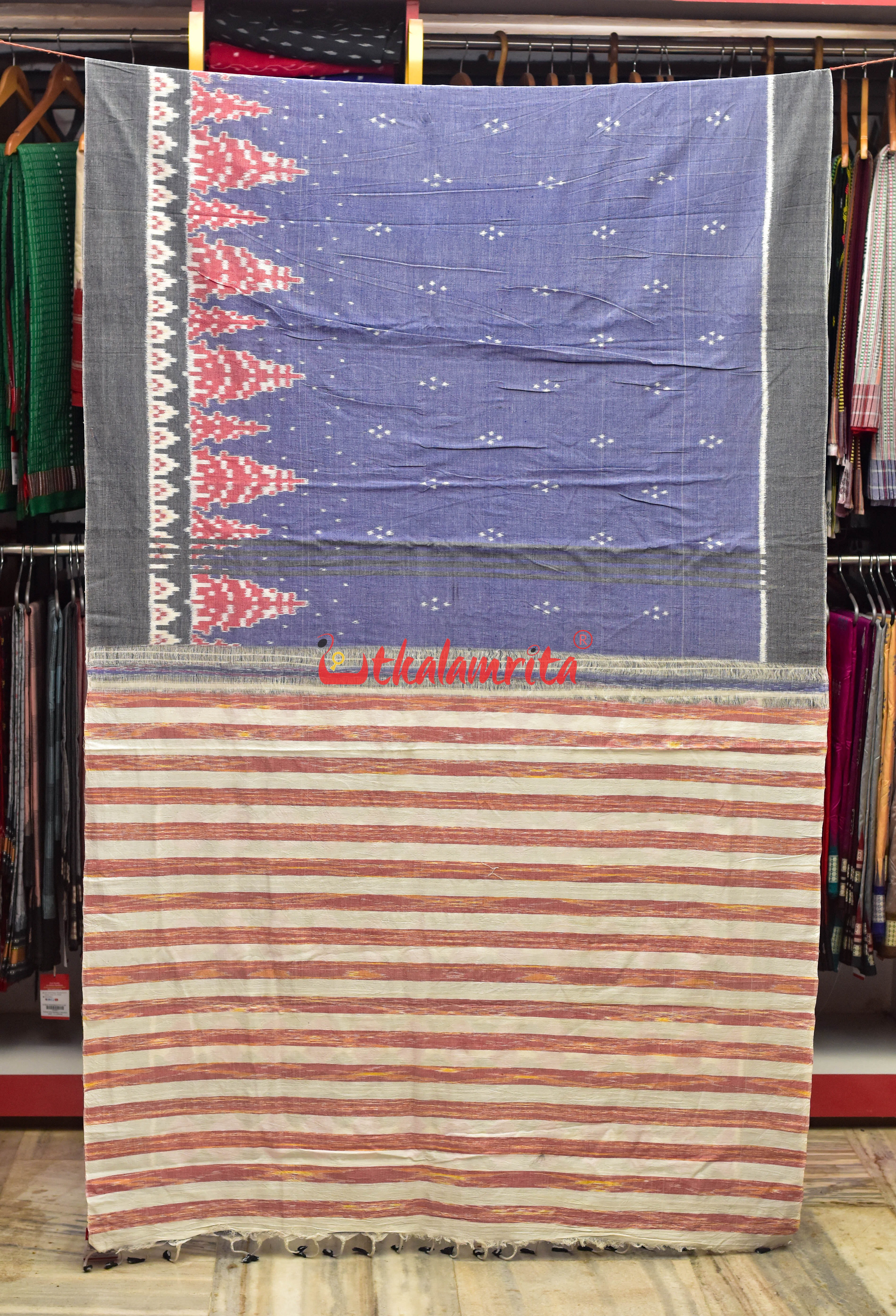 Light Blue Grey Border Ikat Cotton Saree