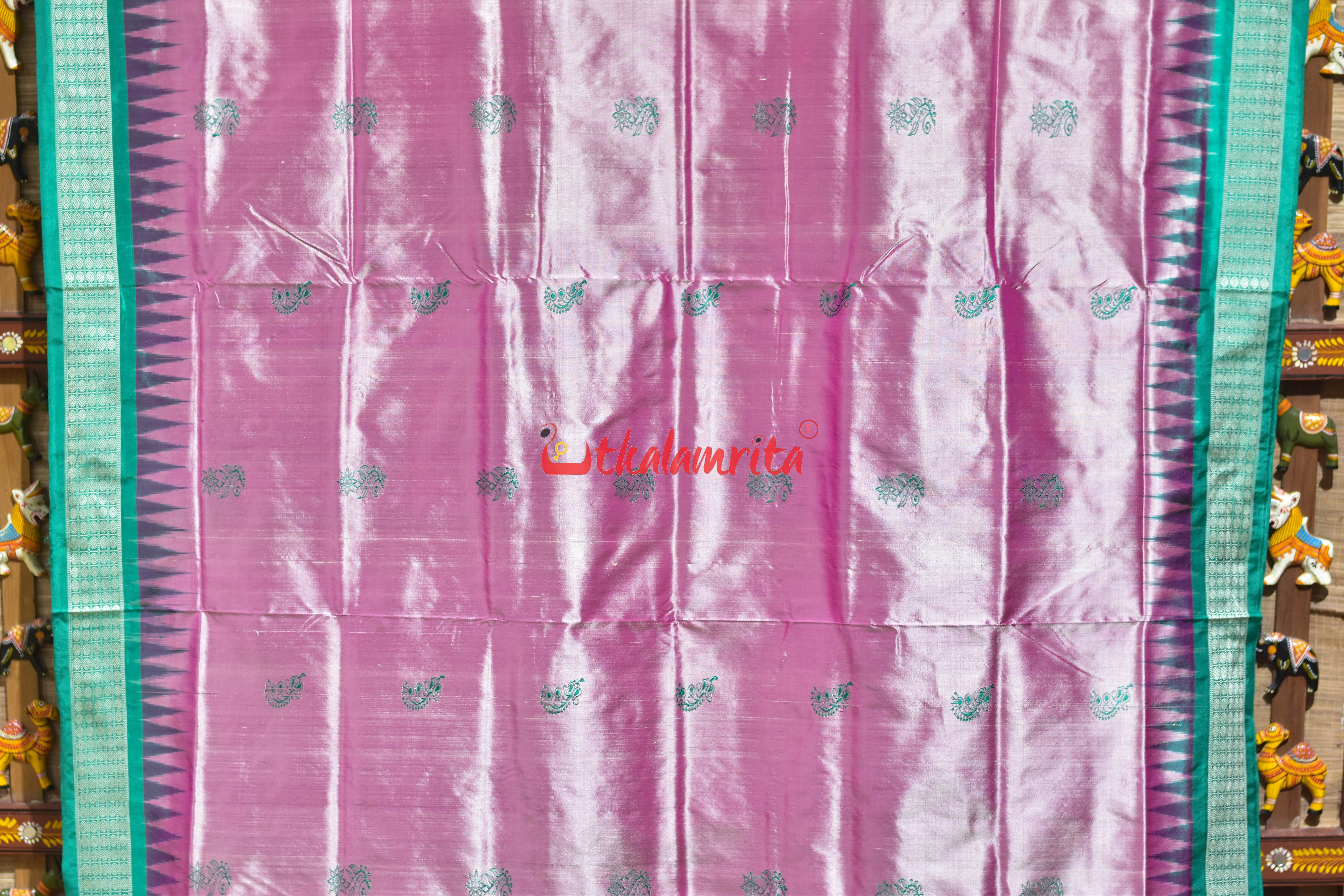 Light Pink Rama Green Border Bomkai Silk Saree
