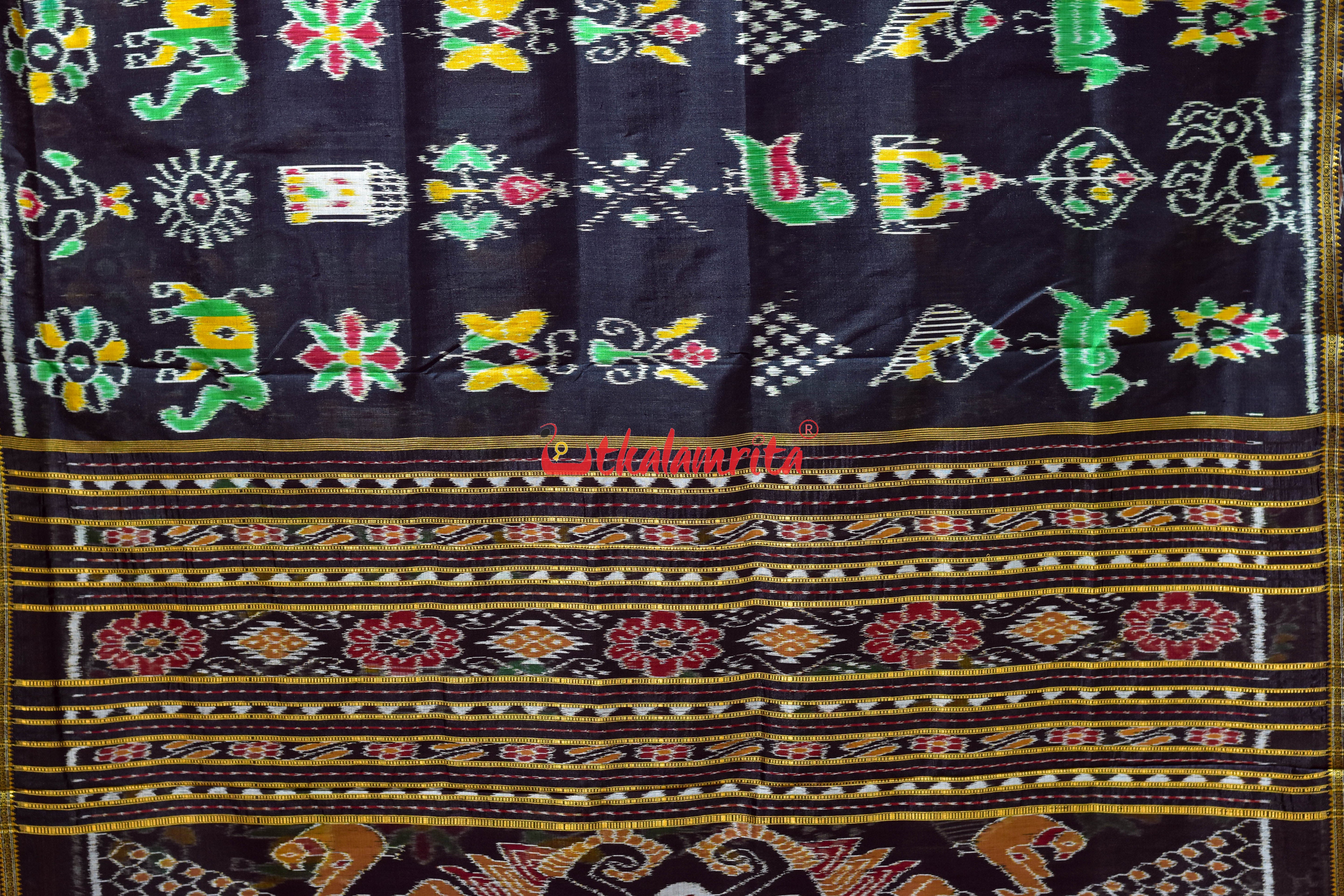 Black Nabarangi Animal and Flower Khandua Silk Saree