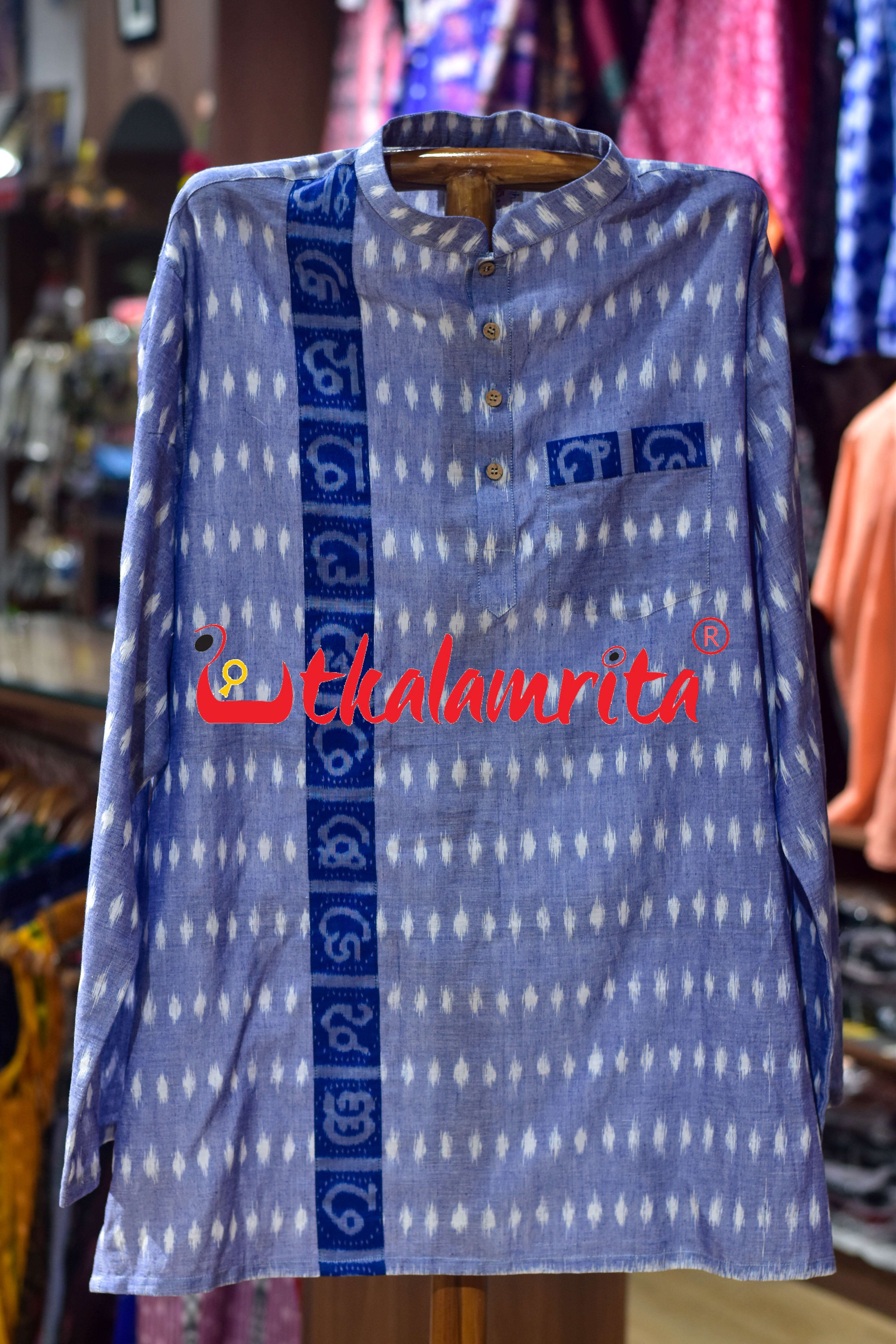 Sky Blue Godi Bindu Odia Alphabets (Men's Short Kurta)