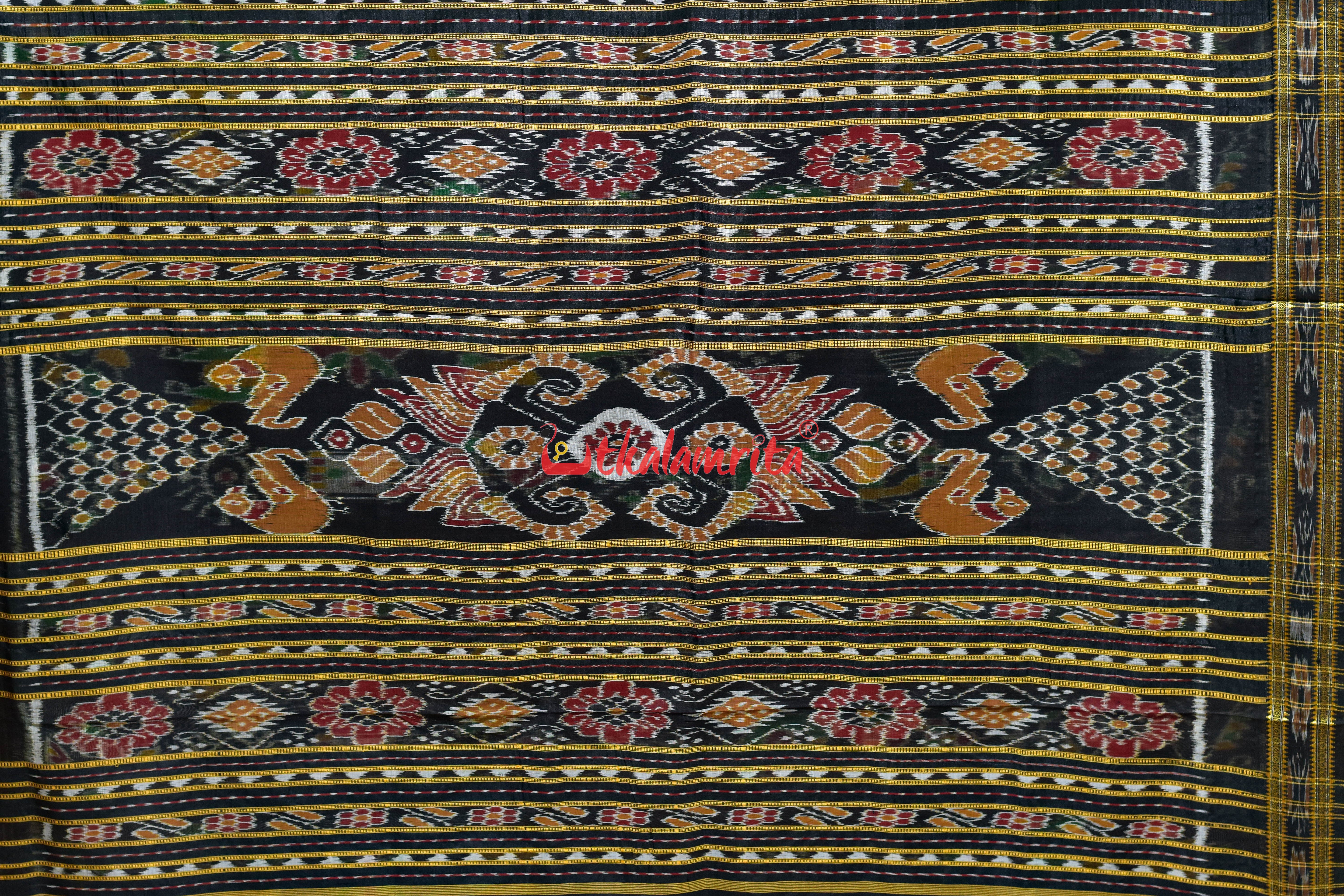 Black Nabarangi Animal and Flower Khandua Silk Saree
